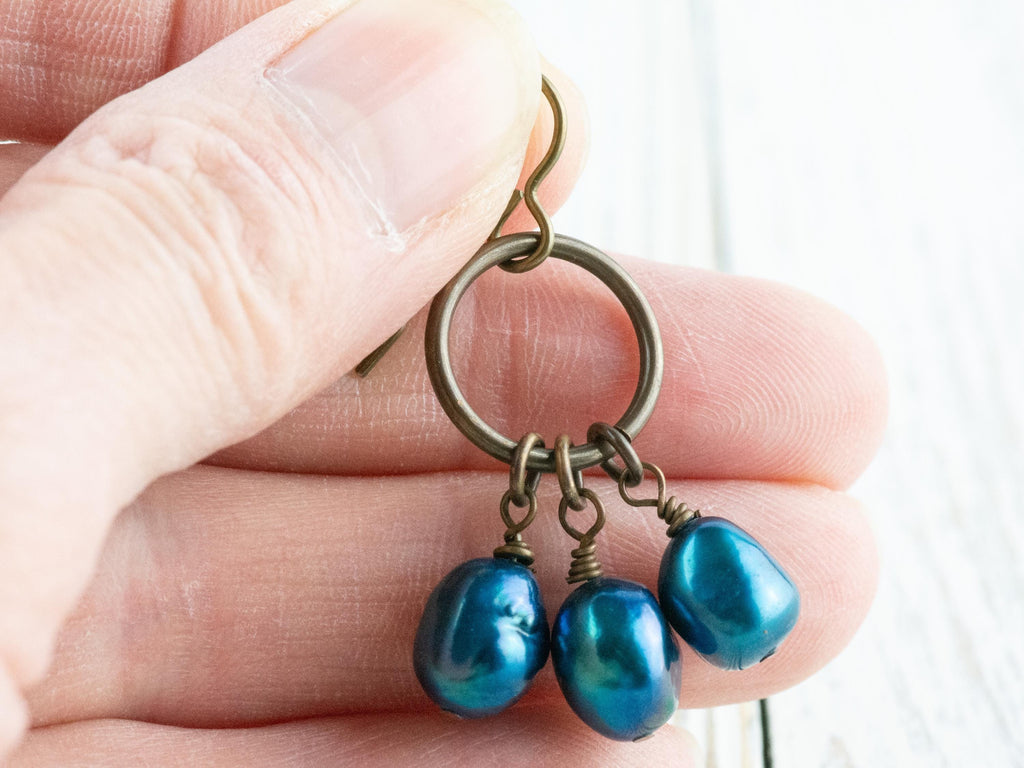 Something Blue Freshwater Pearl Brass Ring Earrings • Earthy Blue Boho Jewelry • Handmade Earrings • Jewelry Gift • Nickel-free • Lead-free
