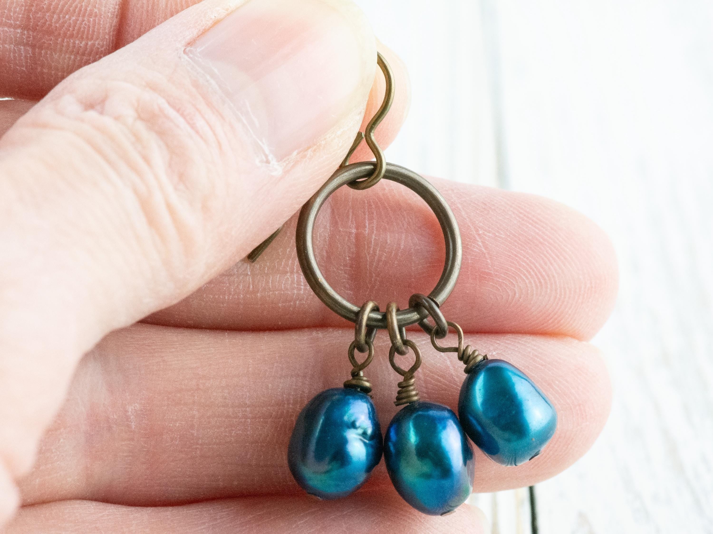 Something Blue Freshwater Pearl Brass Ring Earrings • Earthy Blue Boho Jewelry • Handmade Earrings • Jewelry Gift • Nickel-free • Lead-free