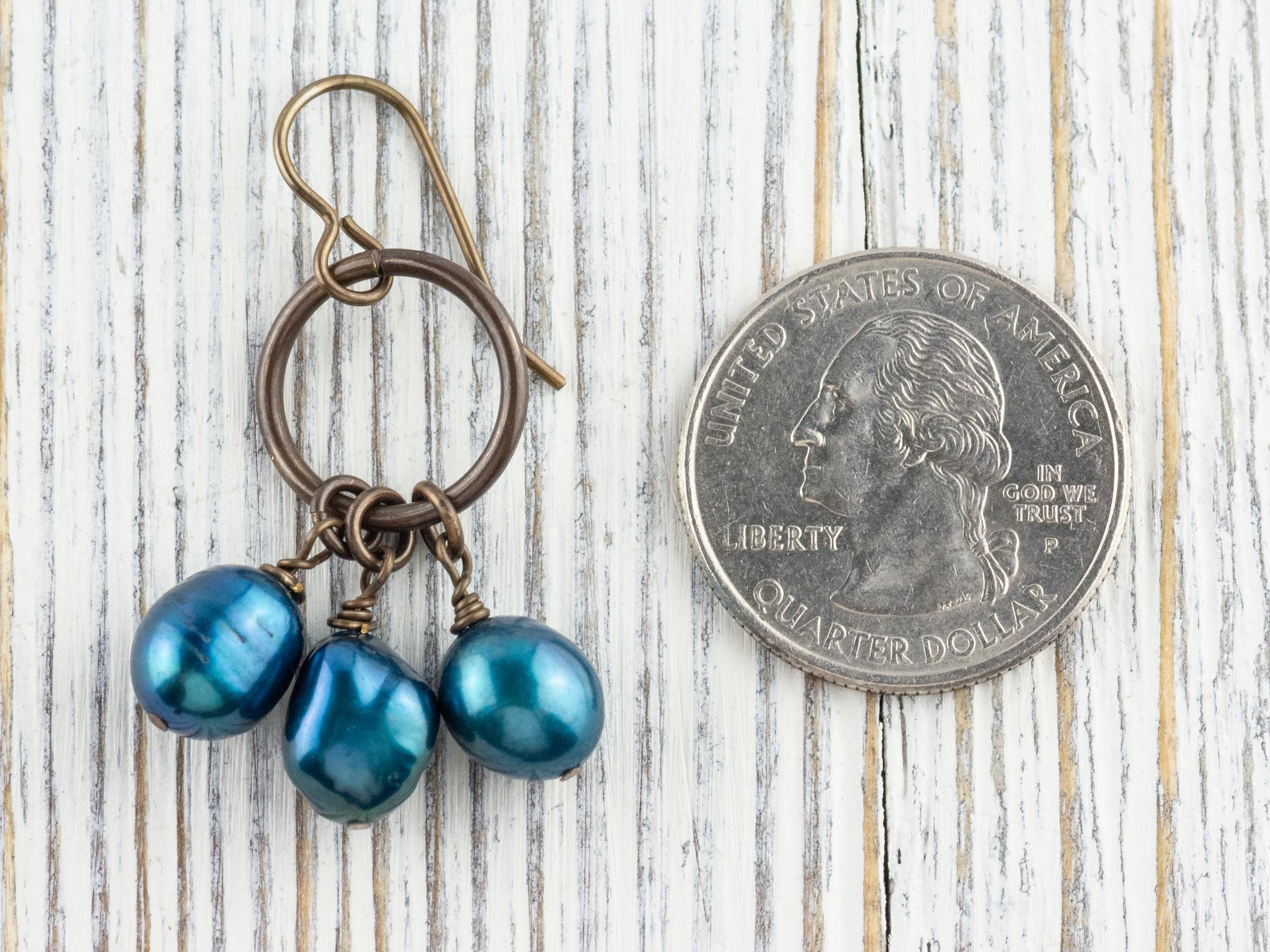 Something Blue Freshwater Pearl Brass Ring Earrings • Earthy Blue Boho Jewelry • Handmade Earrings • Jewelry Gift • Nickel-free • Lead-free