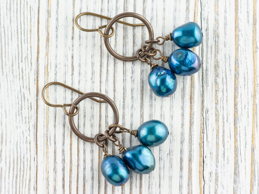 Something Blue Freshwater Pearl Brass Ring Earrings • Earthy Blue Boho Jewelry • Handmade Earrings • Jewelry Gift • Nickel-free • Lead-free