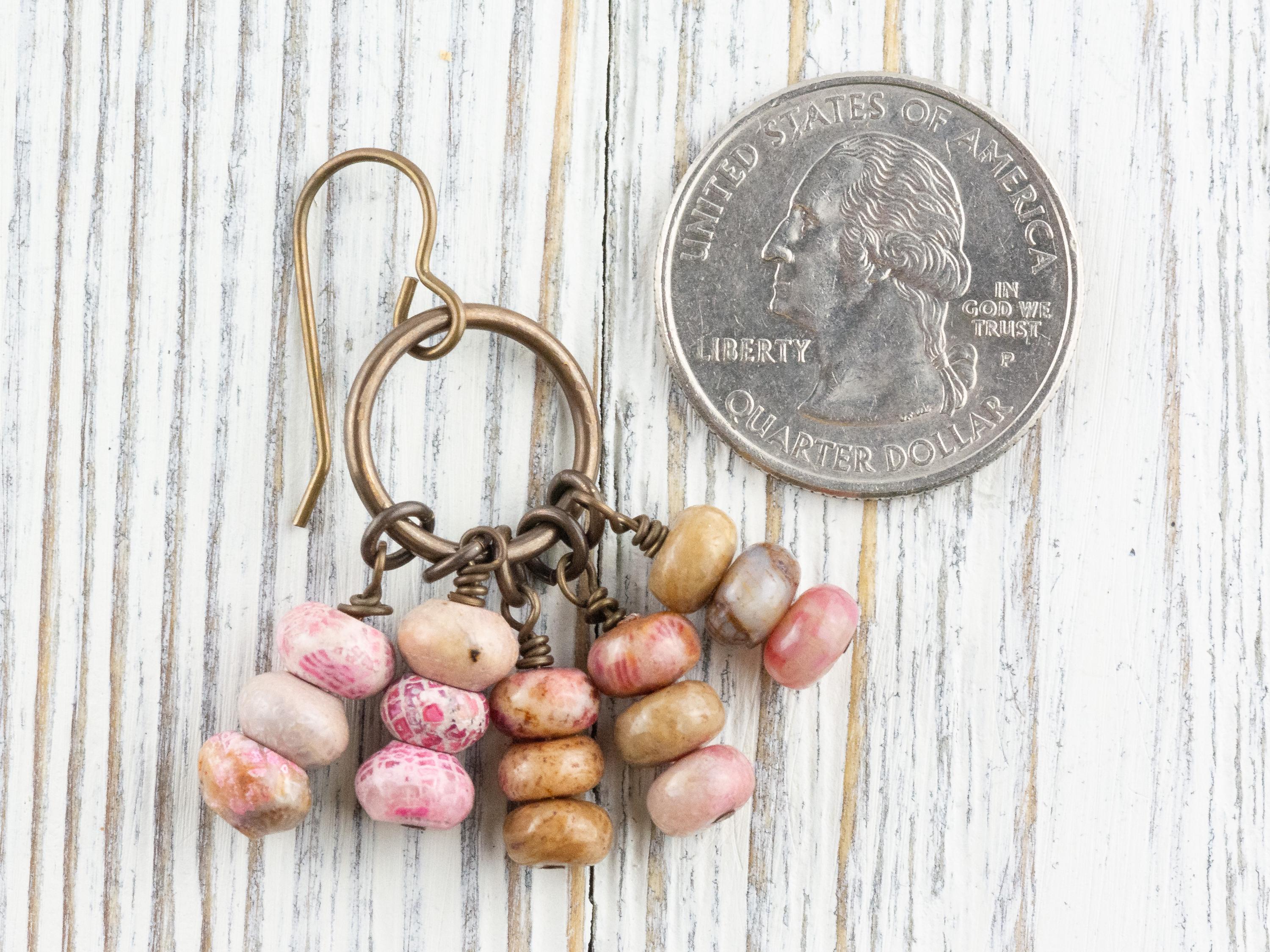Pink Flower Stone Brass Ring Earrings • Earthy Blue Boho Jewelry • Handmade Earrings • Jewelry Gift • Nickel-free • Lead-free