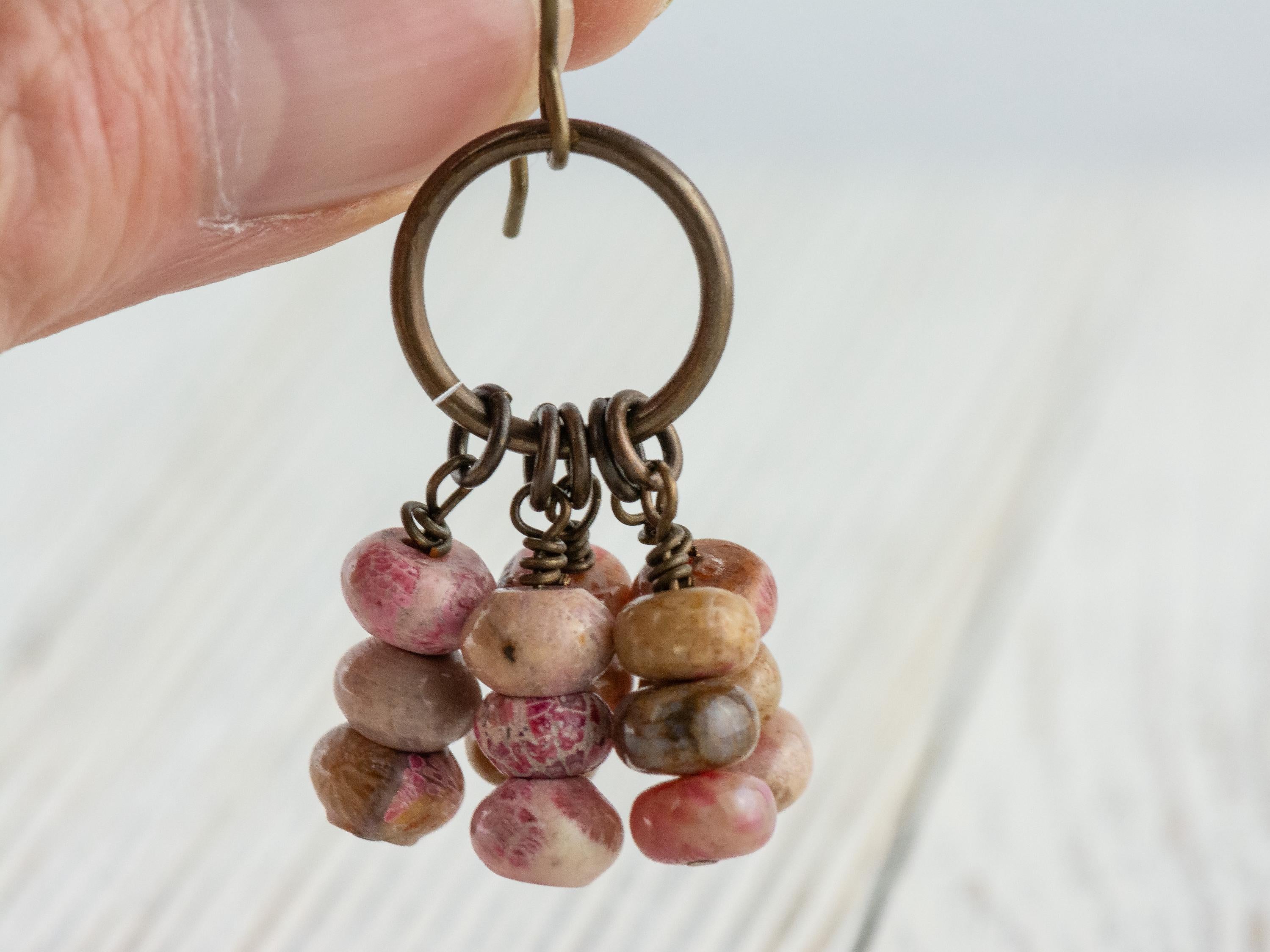 Pink Flower Stone Brass Ring Earrings • Earthy Blue Boho Jewelry • Handmade Earrings • Jewelry Gift • Nickel-free • Lead-free