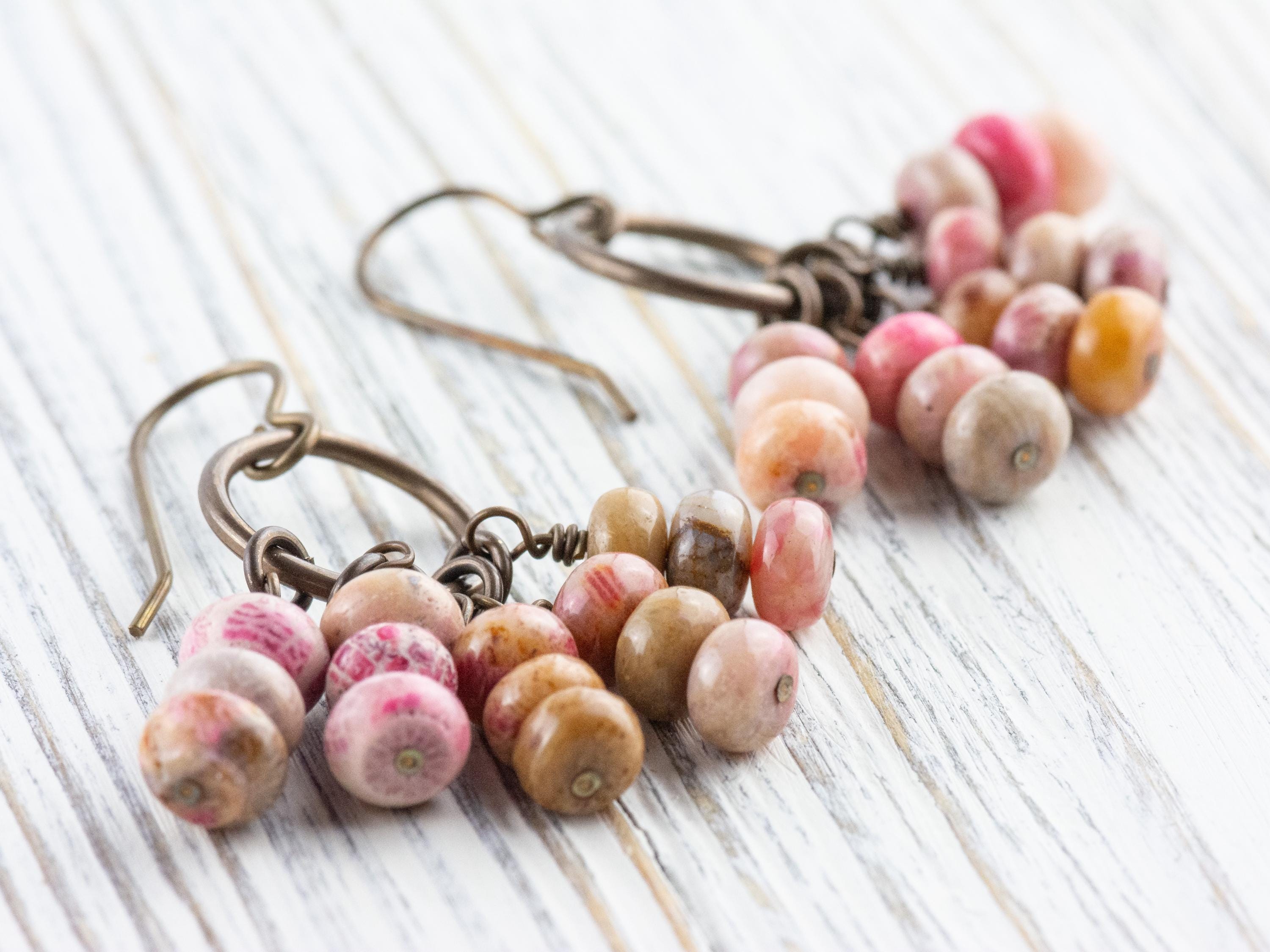 Pink Flower Stone Brass Ring Earrings • Earthy Blue Boho Jewelry • Handmade Earrings • Jewelry Gift • Nickel-free • Lead-free