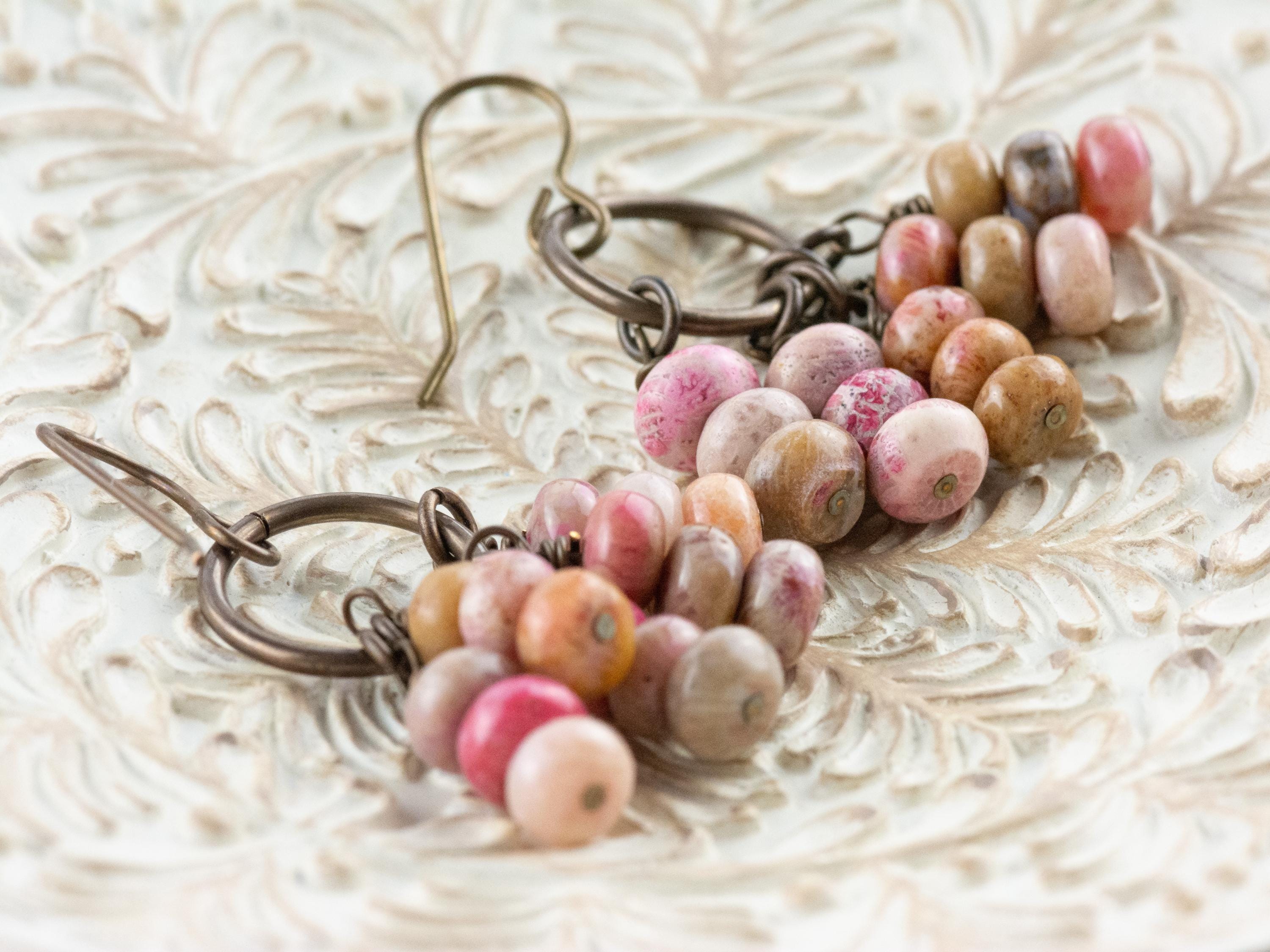 Pink Flower Stone Brass Ring Earrings • Earthy Blue Boho Jewelry • Handmade Earrings • Jewelry Gift • Nickel-free • Lead-free