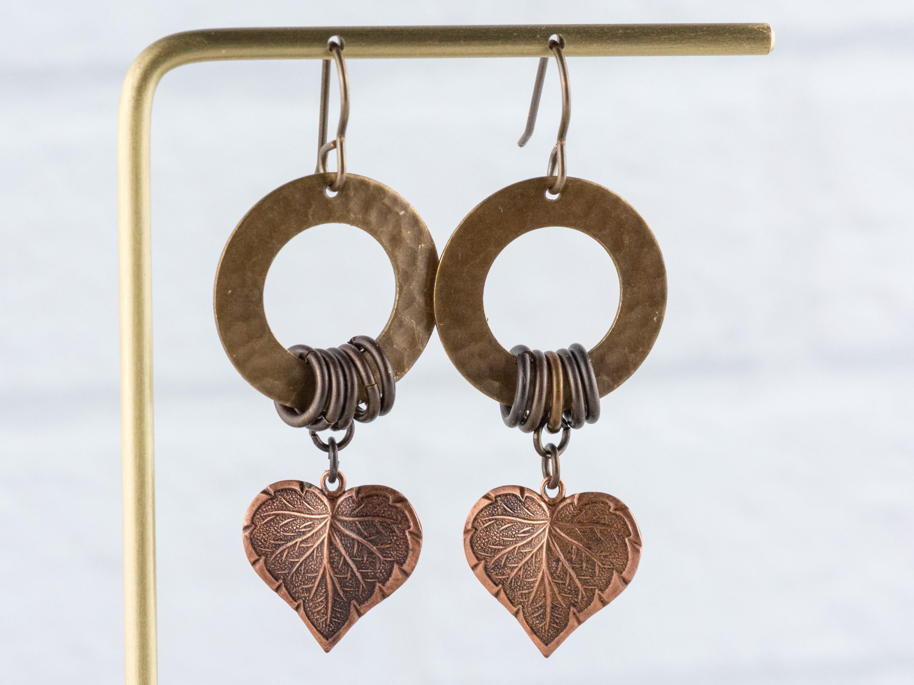Copper Heart Brass Hoop Earrings • Earthy Boho Jewelry • Handmade Earrings • Autumn Leaf • Nickel-free • Lead-free