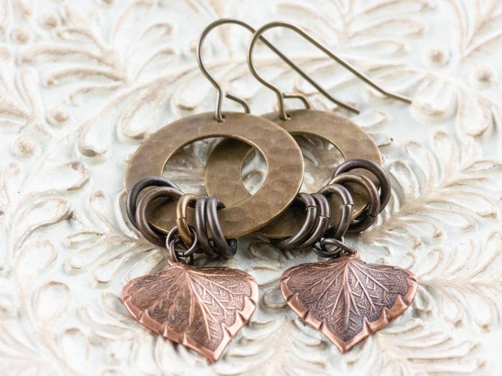 Copper Heart Brass Hoop Earrings • Earthy Boho Jewelry • Handmade Earrings • Autumn Leaf • Nickel-free • Lead-free