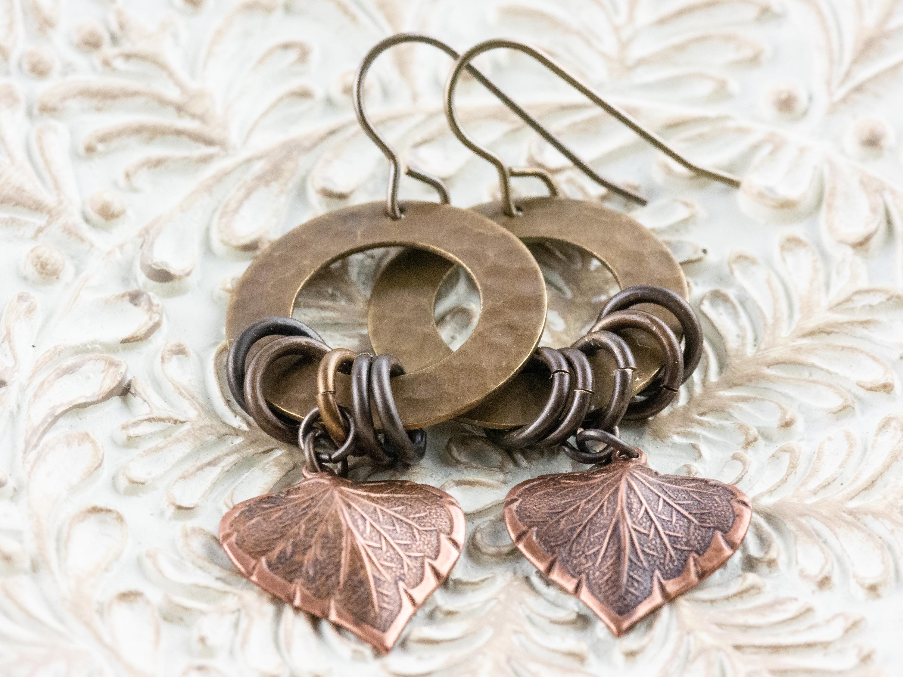 Copper Heart Brass Hoop Earrings • Earthy Boho Jewelry • Handmade Earrings • Autumn Leaf • Nickel-free • Lead-free