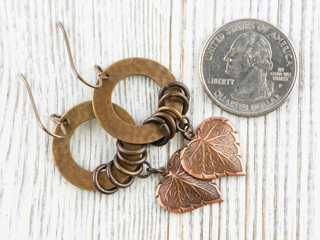 Copper Heart Brass Hoop Earrings • Earthy Boho Jewelry • Handmade Earrings • Autumn Leaf • Nickel-free • Lead-free