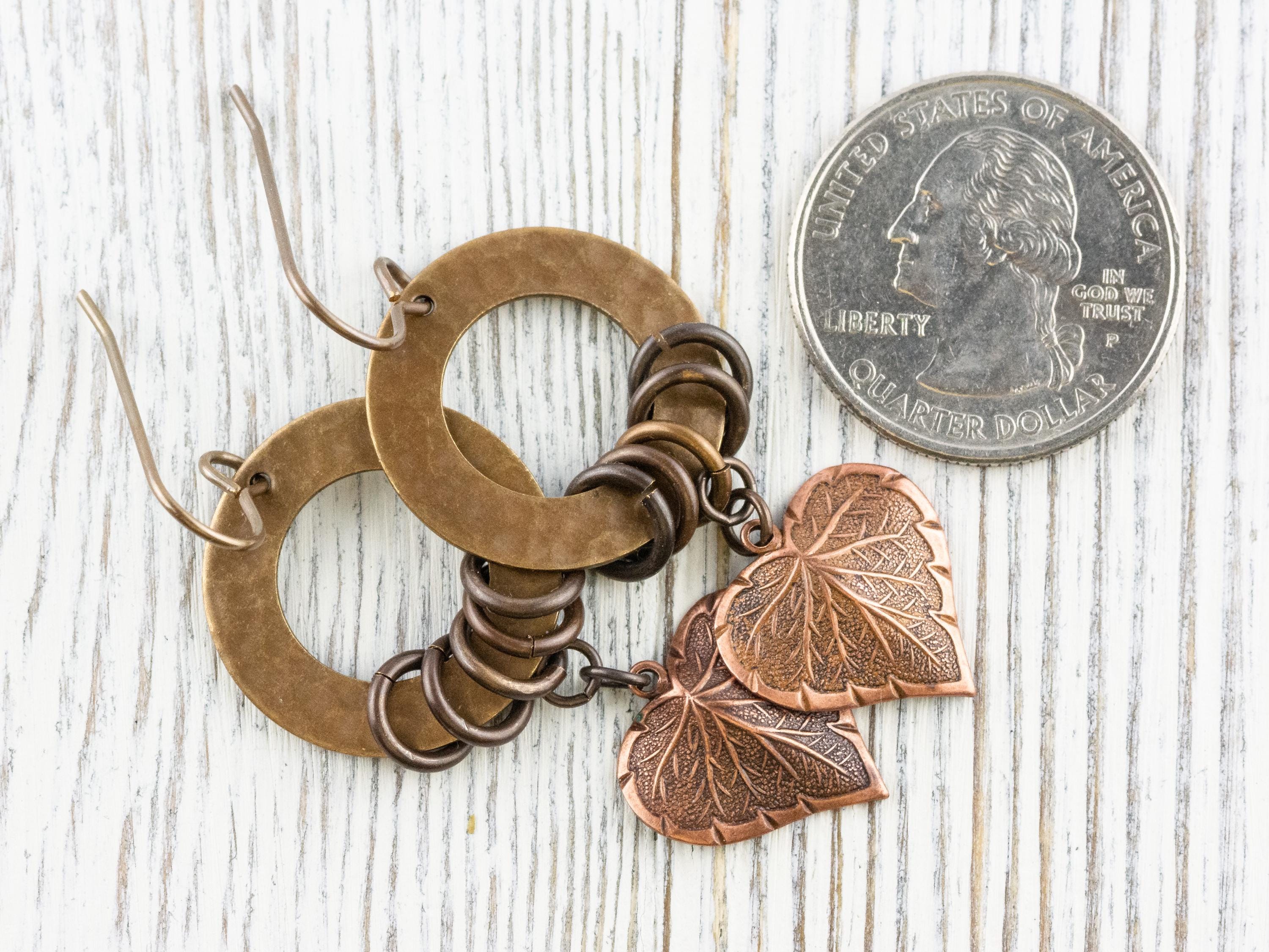 Copper Heart Brass Hoop Earrings • Earthy Boho Jewelry • Handmade Earrings • Autumn Leaf • Nickel-free • Lead-free