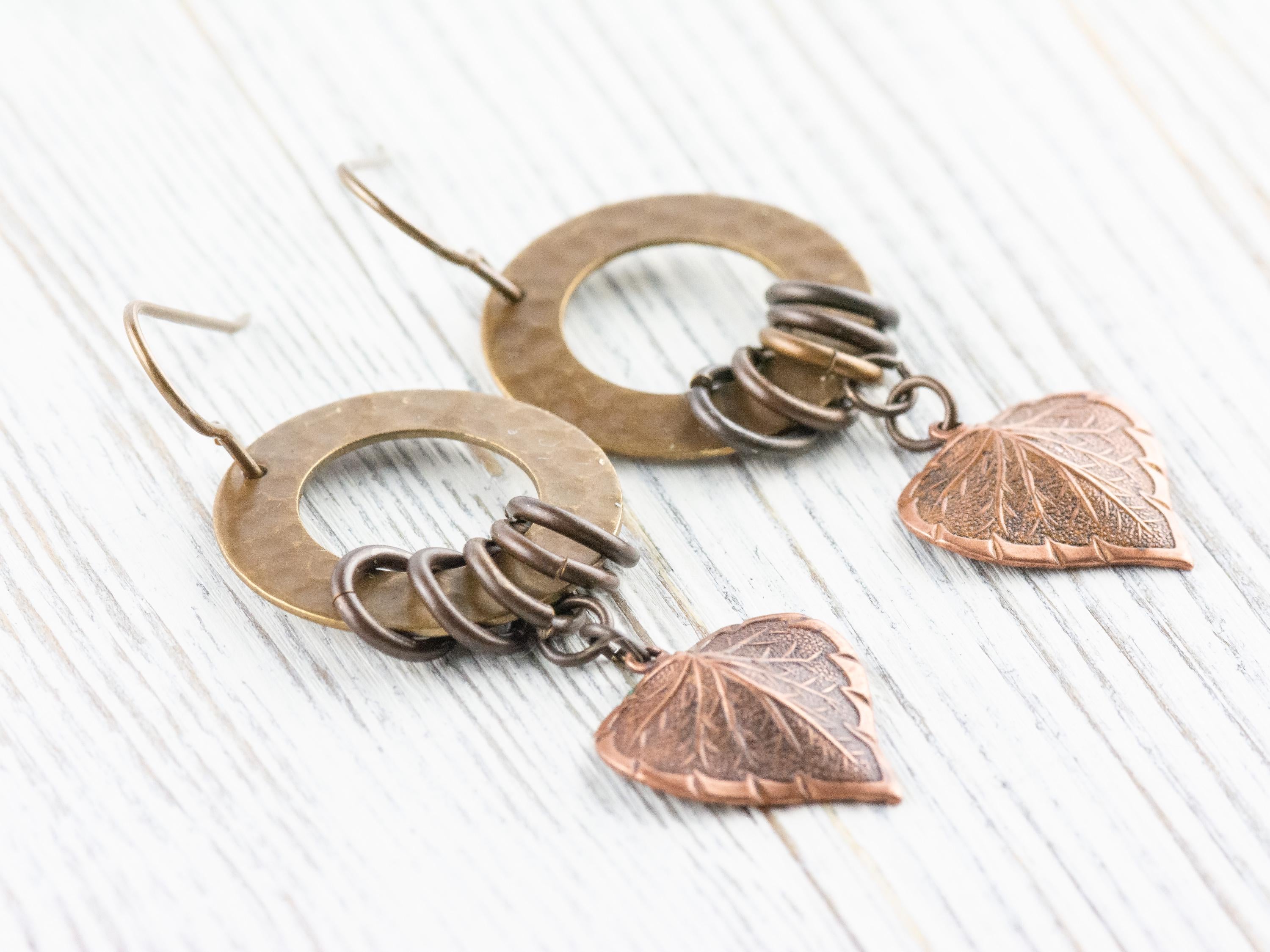 Copper Heart Brass Hoop Earrings • Earthy Boho Jewelry • Handmade Earrings • Autumn Leaf • Nickel-free • Lead-free