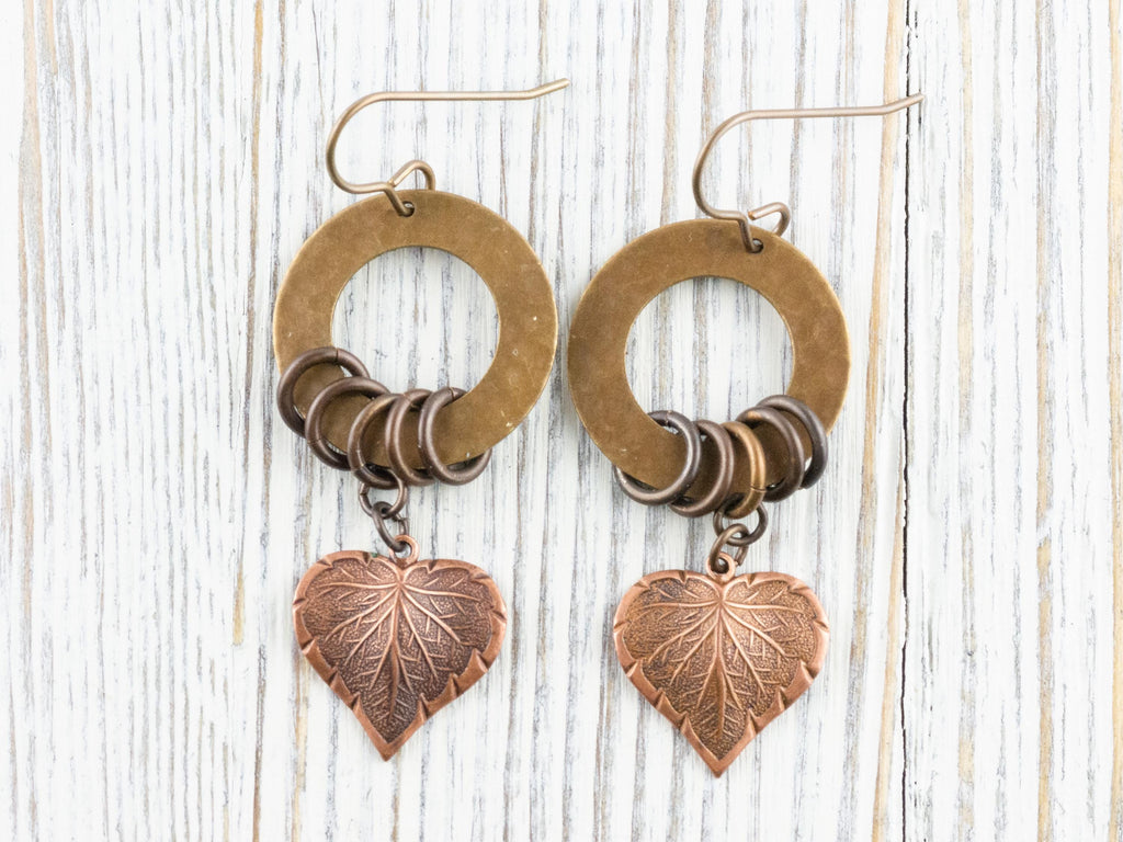 Copper Heart Brass Hoop Earrings • Earthy Boho Jewelry • Handmade Earrings • Autumn Leaf • Nickel-free • Lead-free