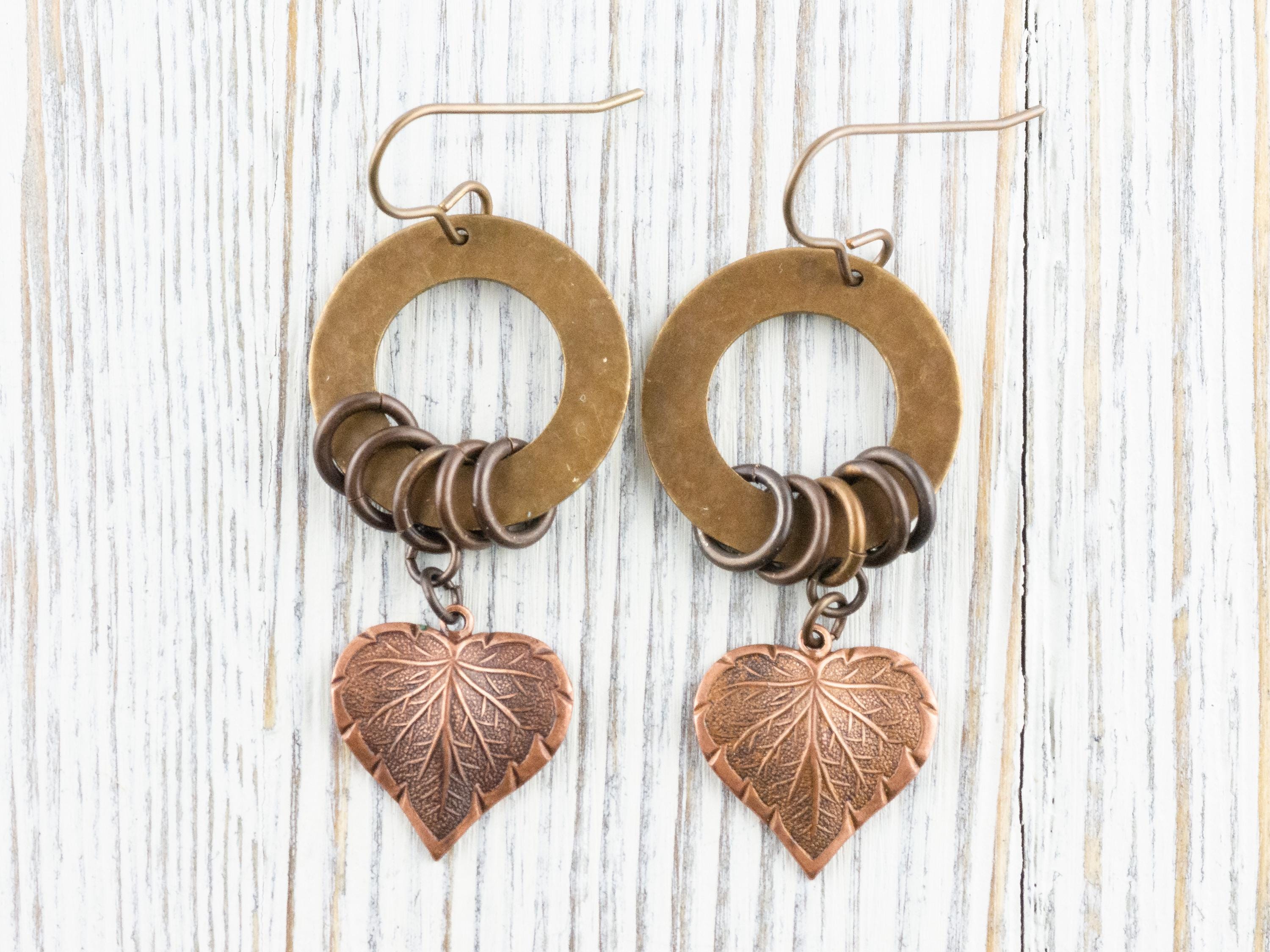 Copper Heart Brass Hoop Earrings • Earthy Boho Jewelry • Handmade Earrings • Autumn Leaf • Nickel-free • Lead-free