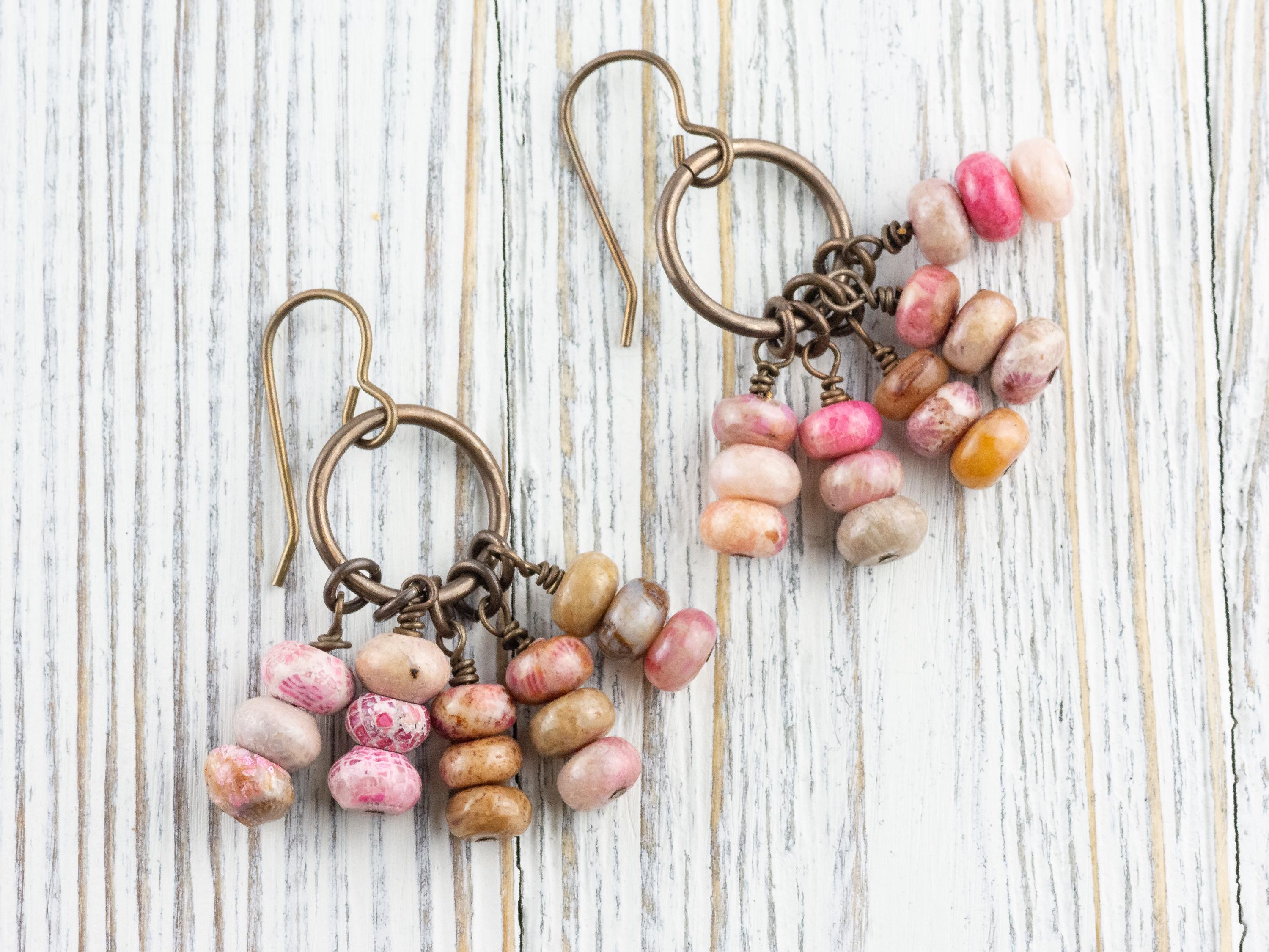 Pink Flower Stone Brass Ring Earrings • Earthy Blue Boho Jewelry • Handmade Earrings • Jewelry Gift • Nickel-free • Lead-free