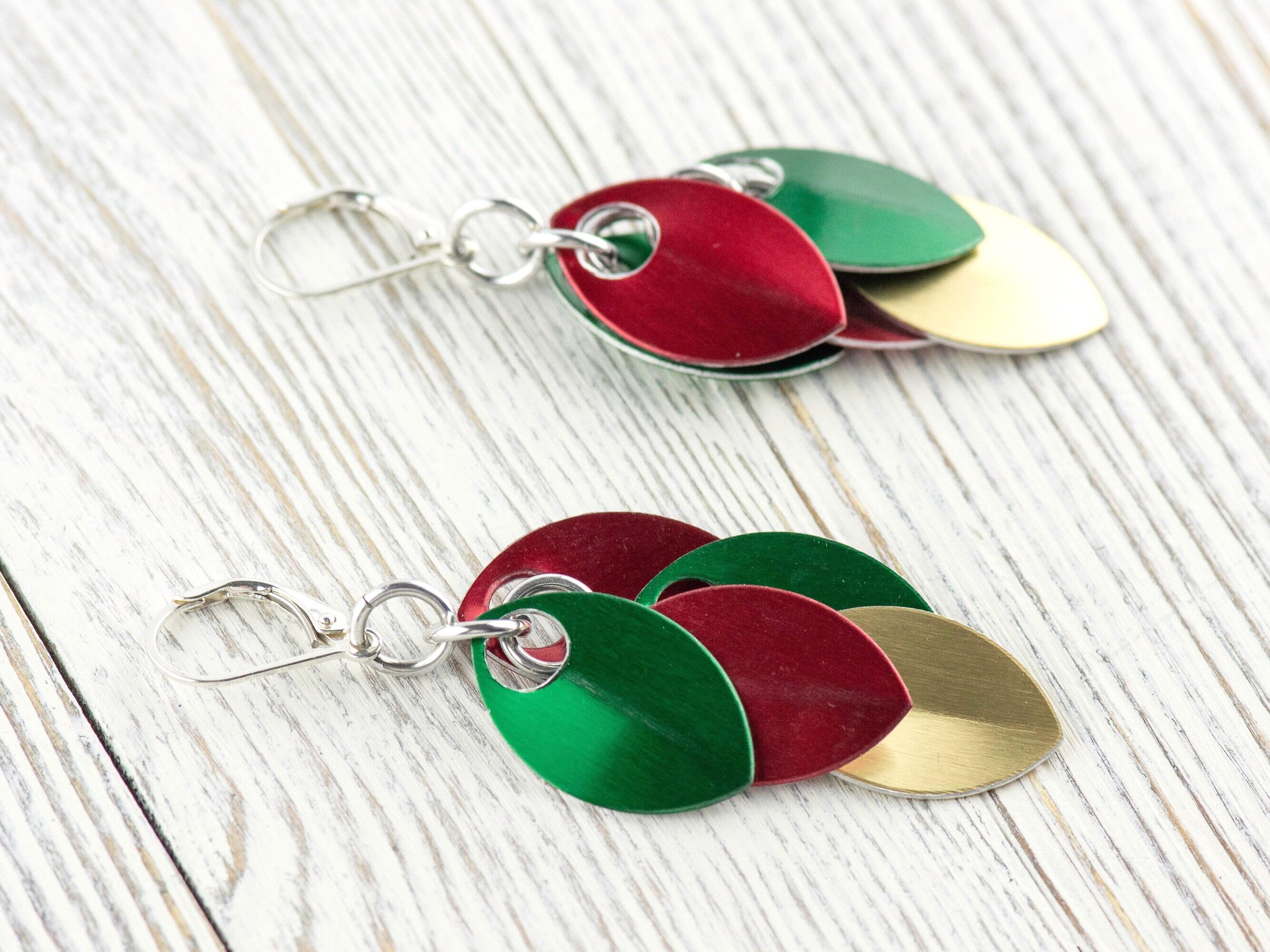 Red, Green and Gold Christmas Earrings, Handmade Sterling Silver Earrings, Holiday Jewelry