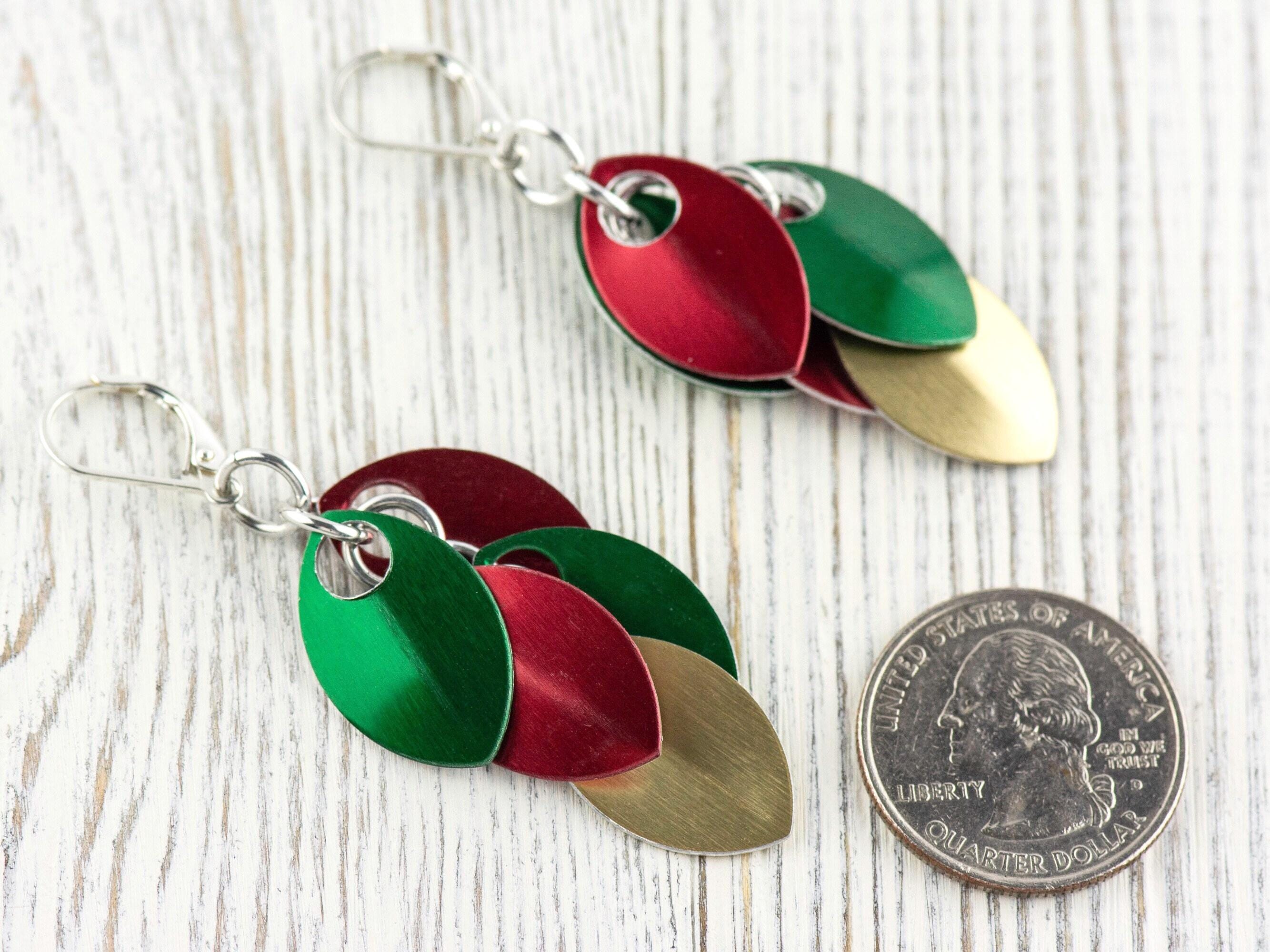Red, Green and Gold Christmas Earrings, Handmade Sterling Silver Earrings, Holiday Jewelry