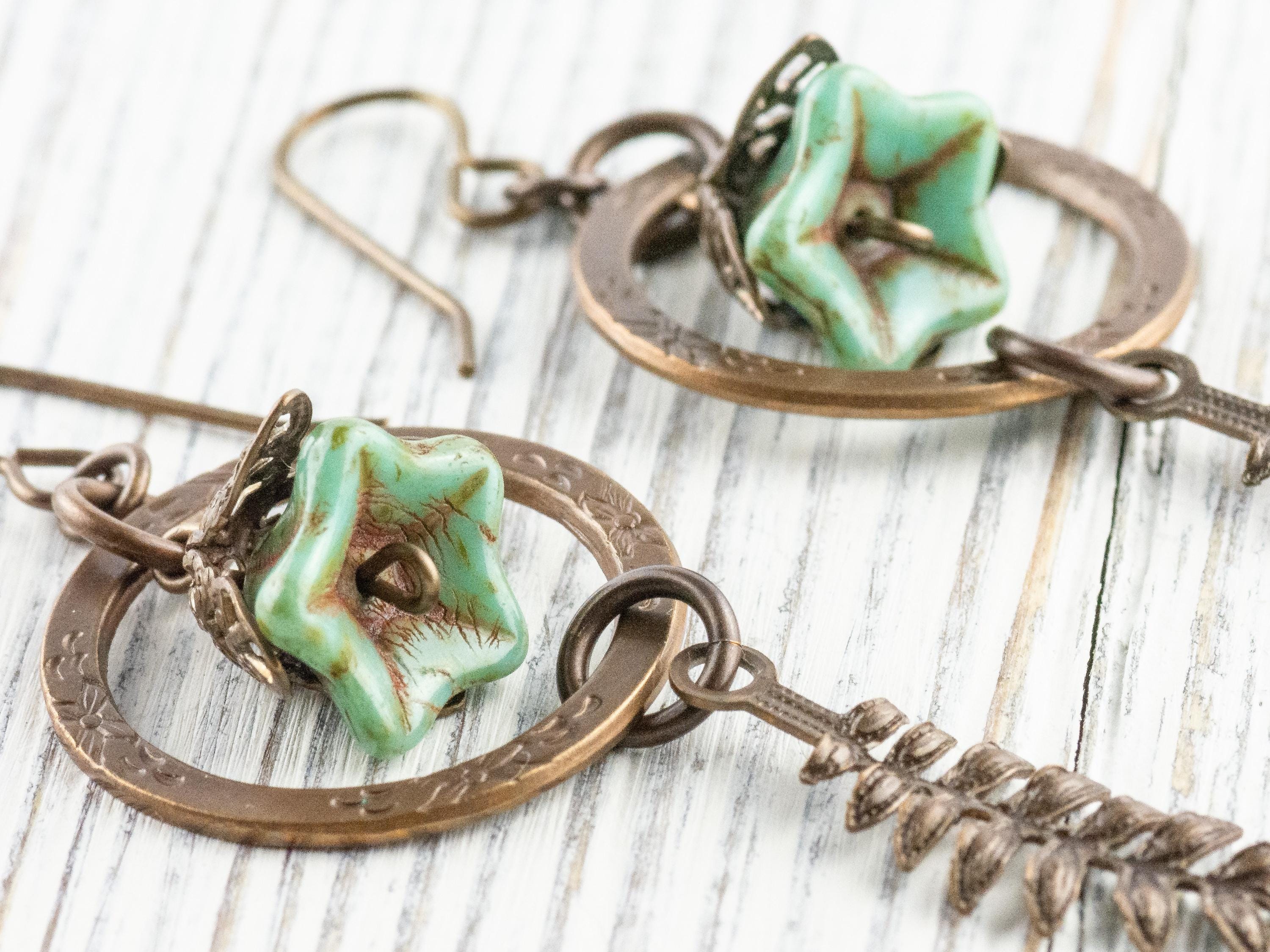 Floral Hoop Fern Drop Brass Earrings • Earthy Boho Jewelry • Nature-Inspired Handmade Earrings • Jewelry Gift • Nickel-free • Lead-free
