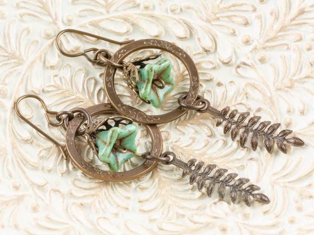 Floral Hoop Fern Drop Brass Earrings • Earthy Boho Jewelry • Nature-Inspired Handmade Earrings • Jewelry Gift • Nickel-free • Lead-free