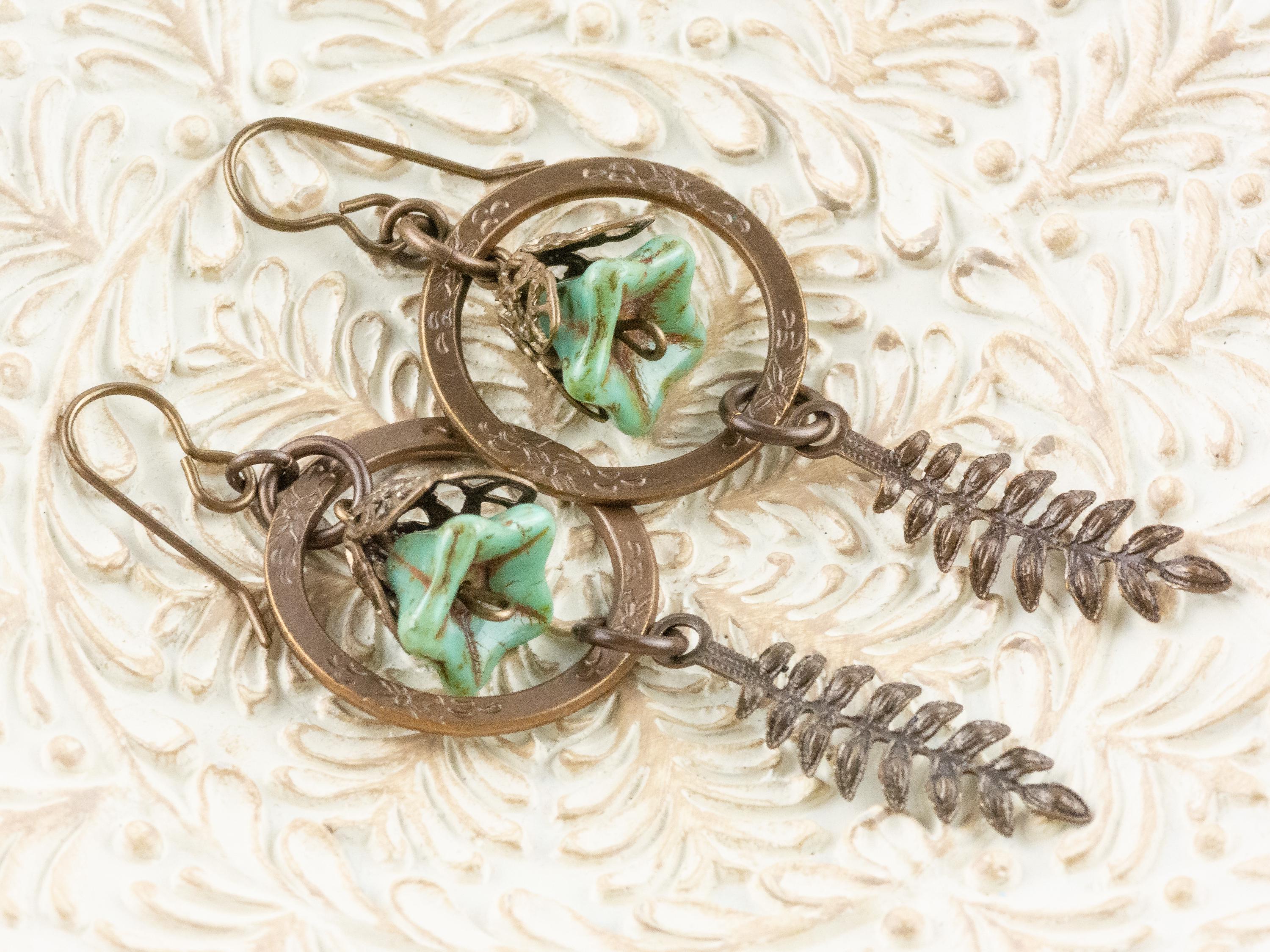 Floral Hoop Fern Drop Brass Earrings • Earthy Boho Jewelry • Nature-Inspired Handmade Earrings • Jewelry Gift • Nickel-free • Lead-free