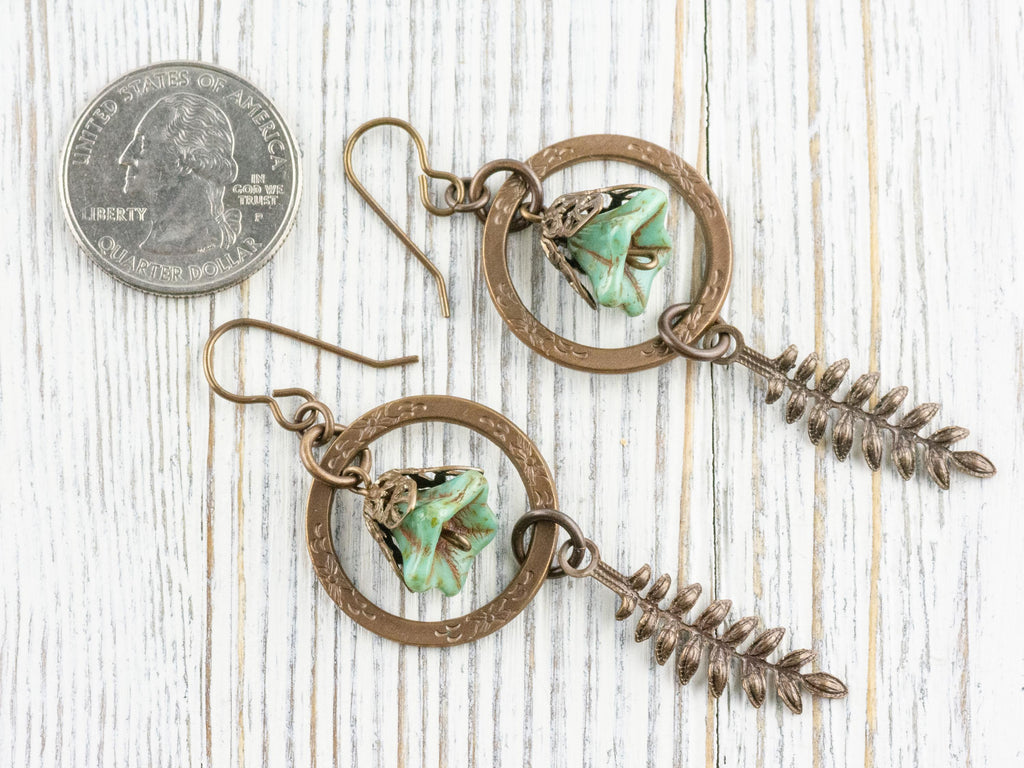 Floral Hoop Fern Drop Brass Earrings • Earthy Boho Jewelry • Nature-Inspired Handmade Earrings • Jewelry Gift • Nickel-free • Lead-free