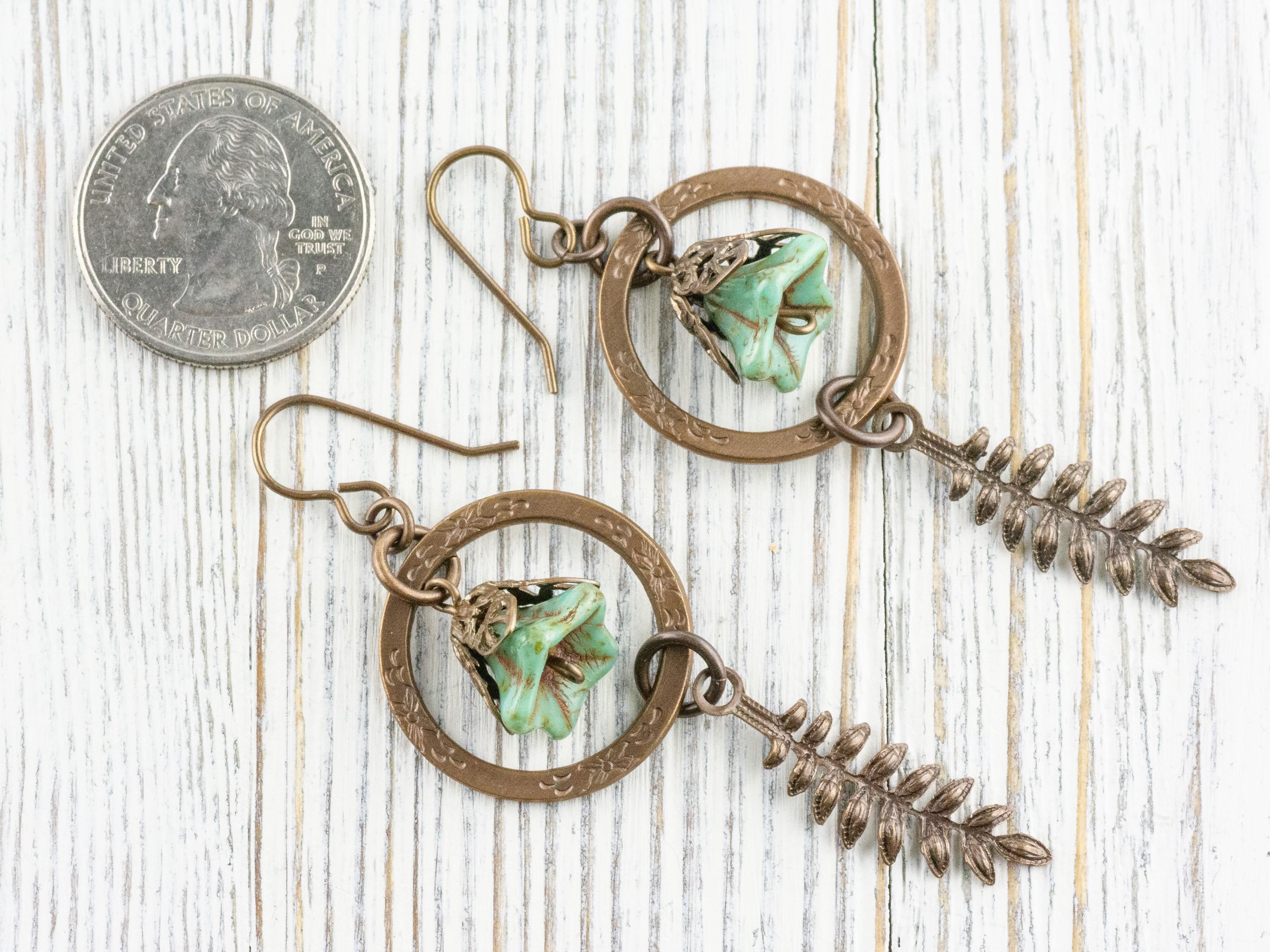 Floral Hoop Fern Drop Brass Earrings • Earthy Boho Jewelry • Nature-Inspired Handmade Earrings • Jewelry Gift • Nickel-free • Lead-free