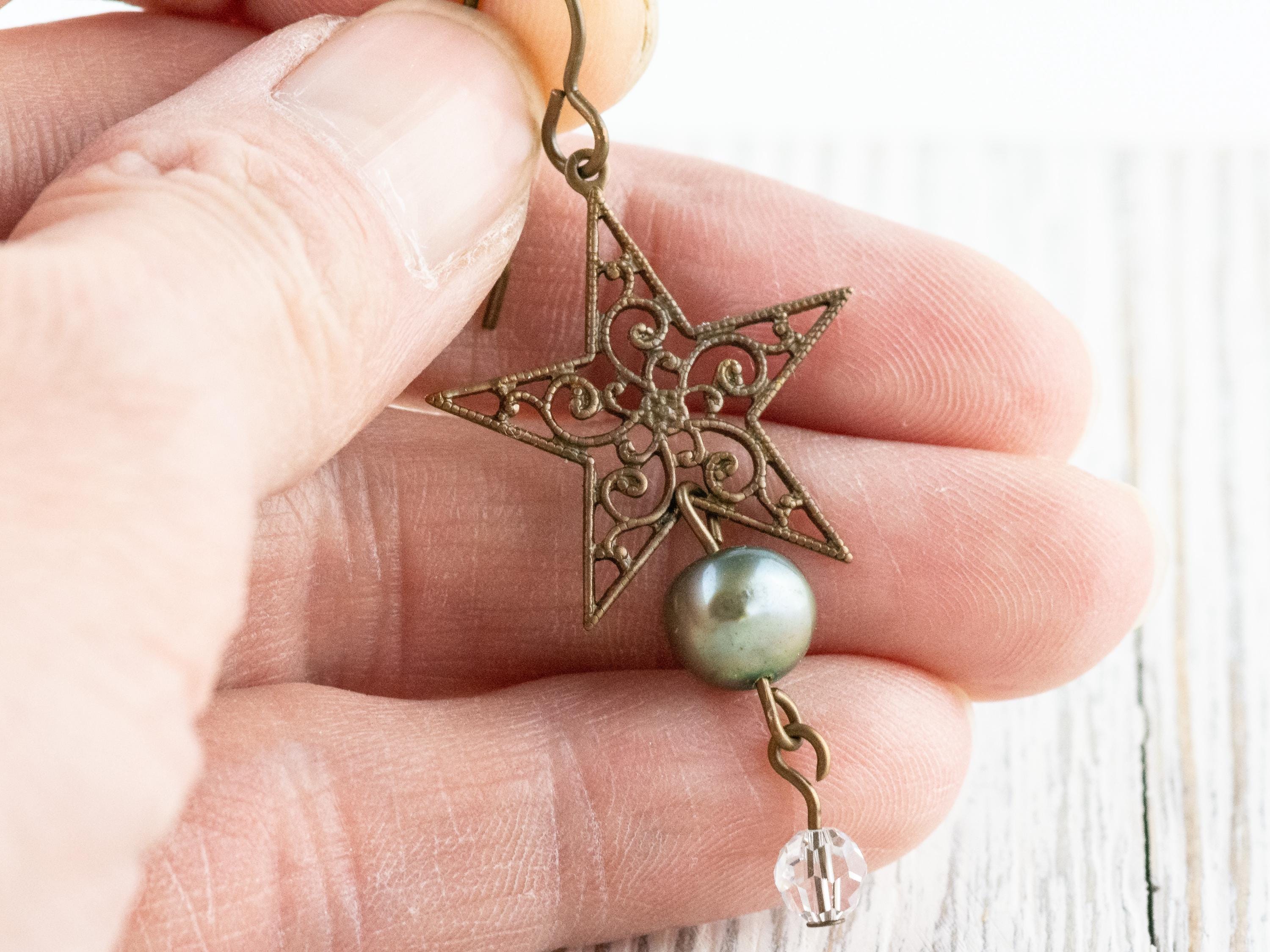 Wish Upon a Star Pearl & Brass Earrings • Earthy Boho Jewelry • Nature-Inspired Handmade Earrings • Jewelry Gift • Nickel-free • Lead-free