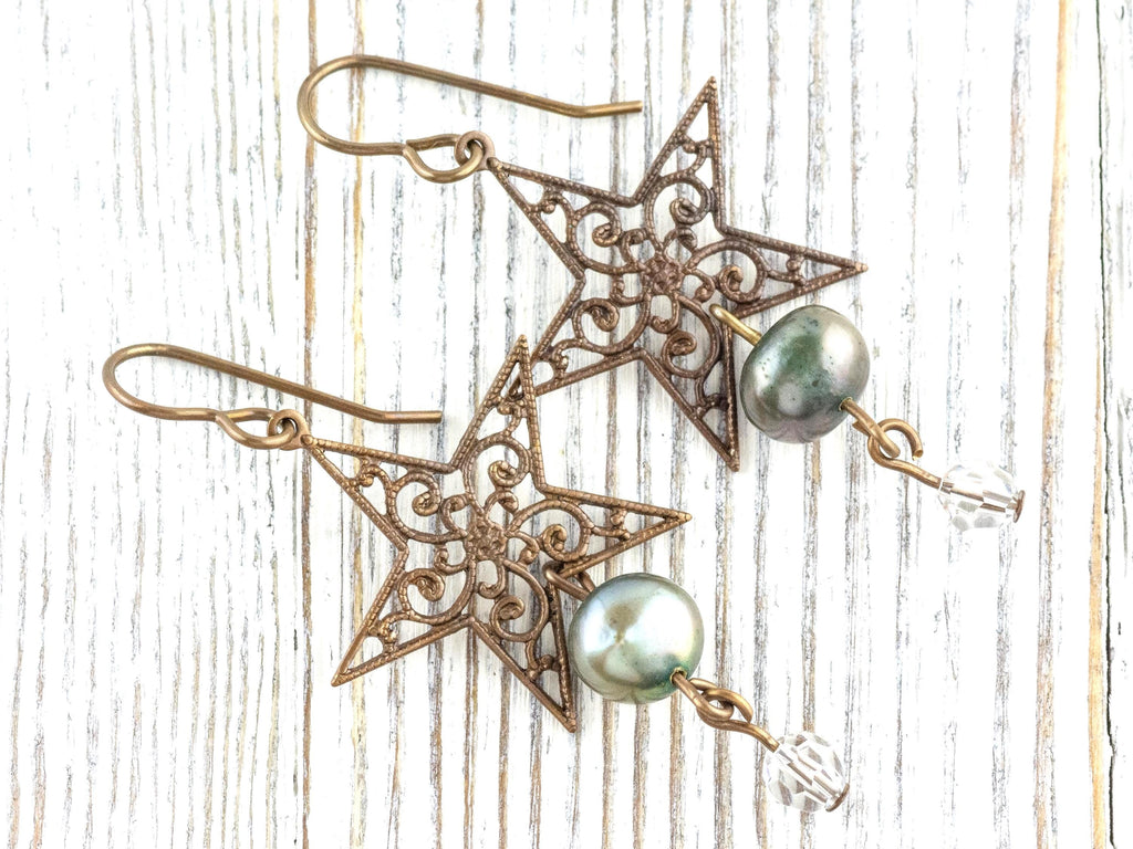 Wish Upon a Star Pearl & Brass Earrings • Earthy Boho Jewelry • Nature-Inspired Handmade Earrings • Jewelry Gift • Nickel-free • Lead-free