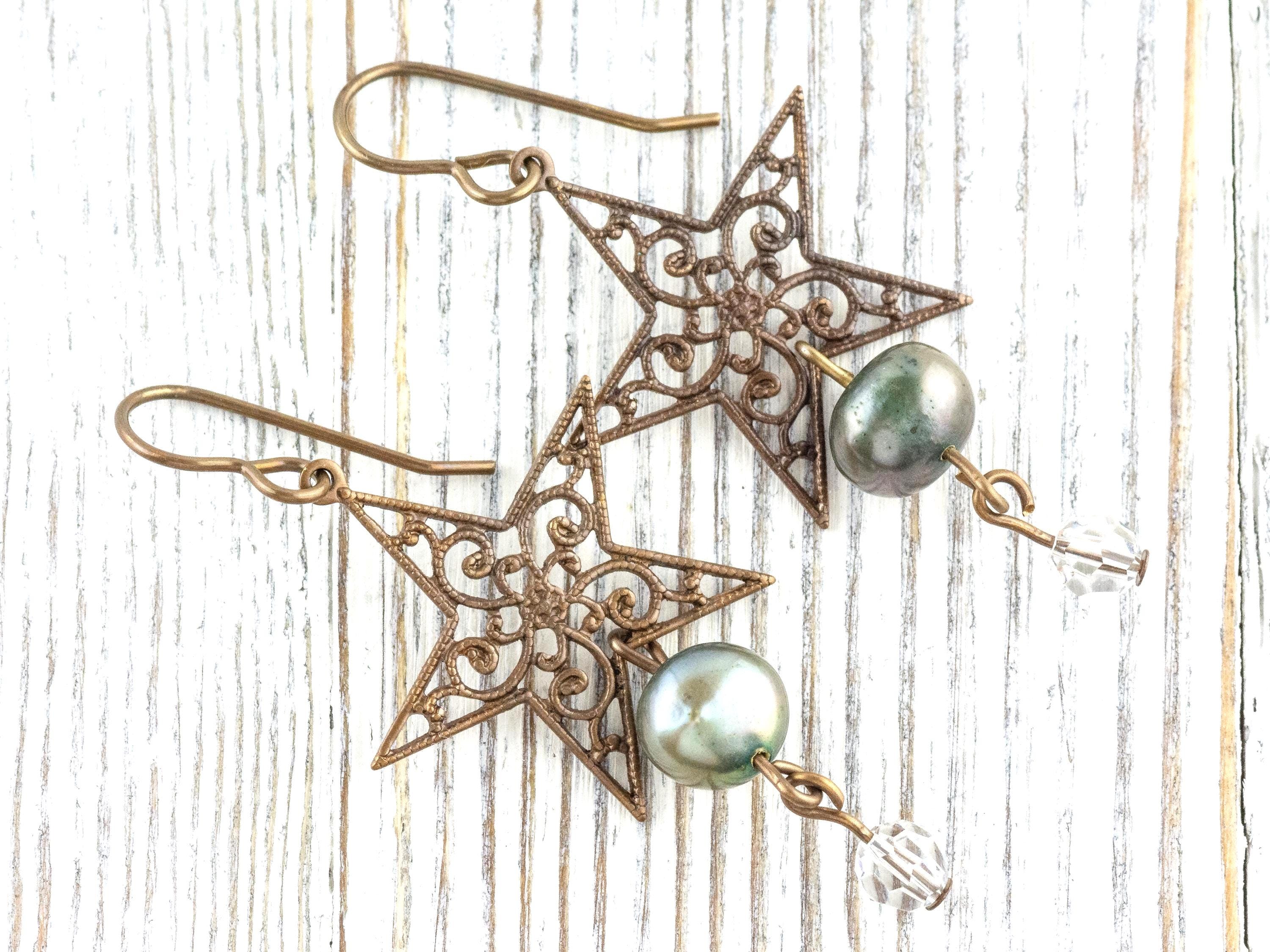 Wish Upon a Star Pearl & Brass Earrings • Earthy Boho Jewelry • Nature-Inspired Handmade Earrings • Jewelry Gift • Nickel-free • Lead-free