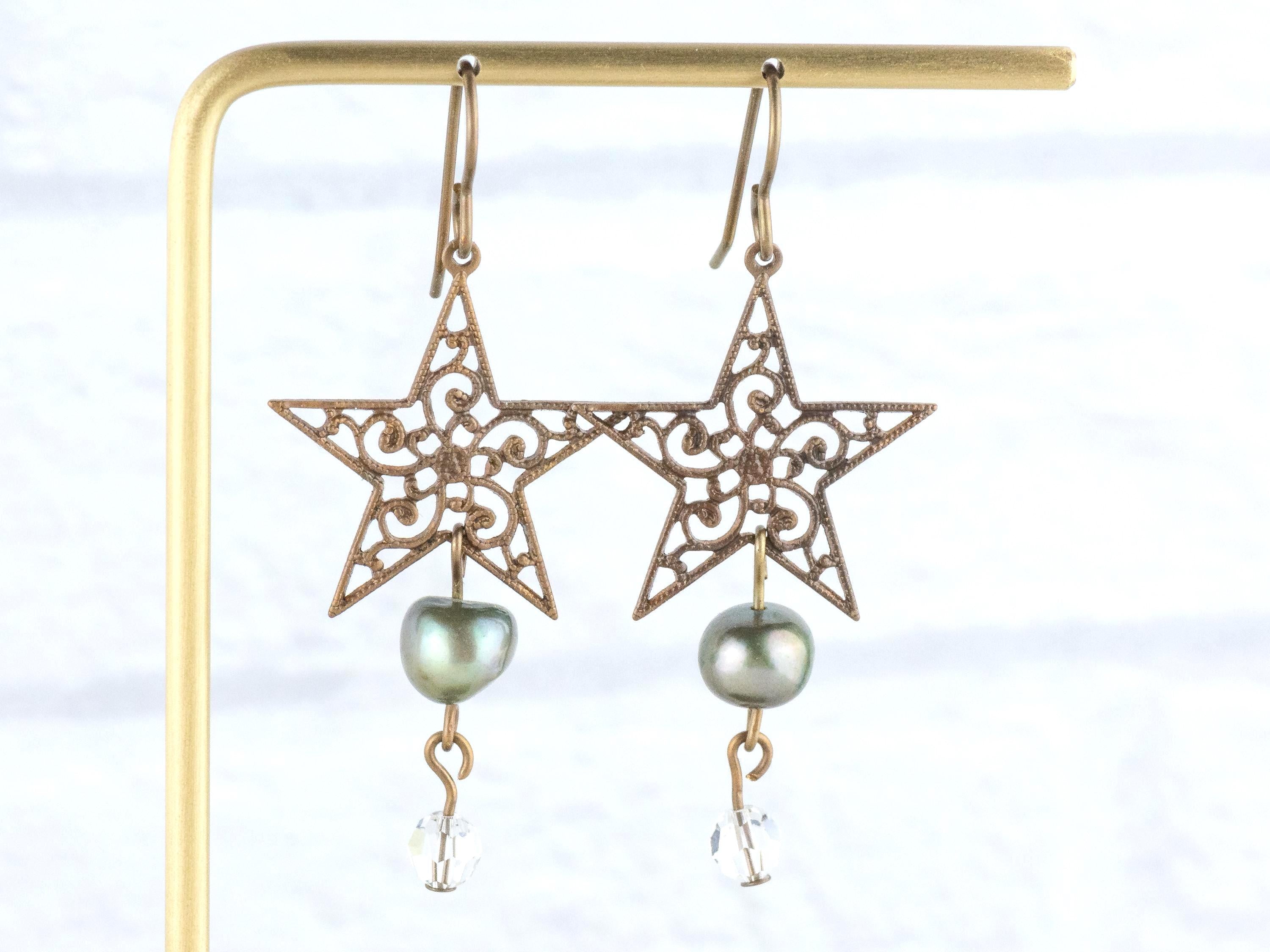 Wish Upon a Star Pearl & Brass Earrings • Earthy Boho Jewelry • Nature-Inspired Handmade Earrings • Jewelry Gift • Nickel-free • Lead-free