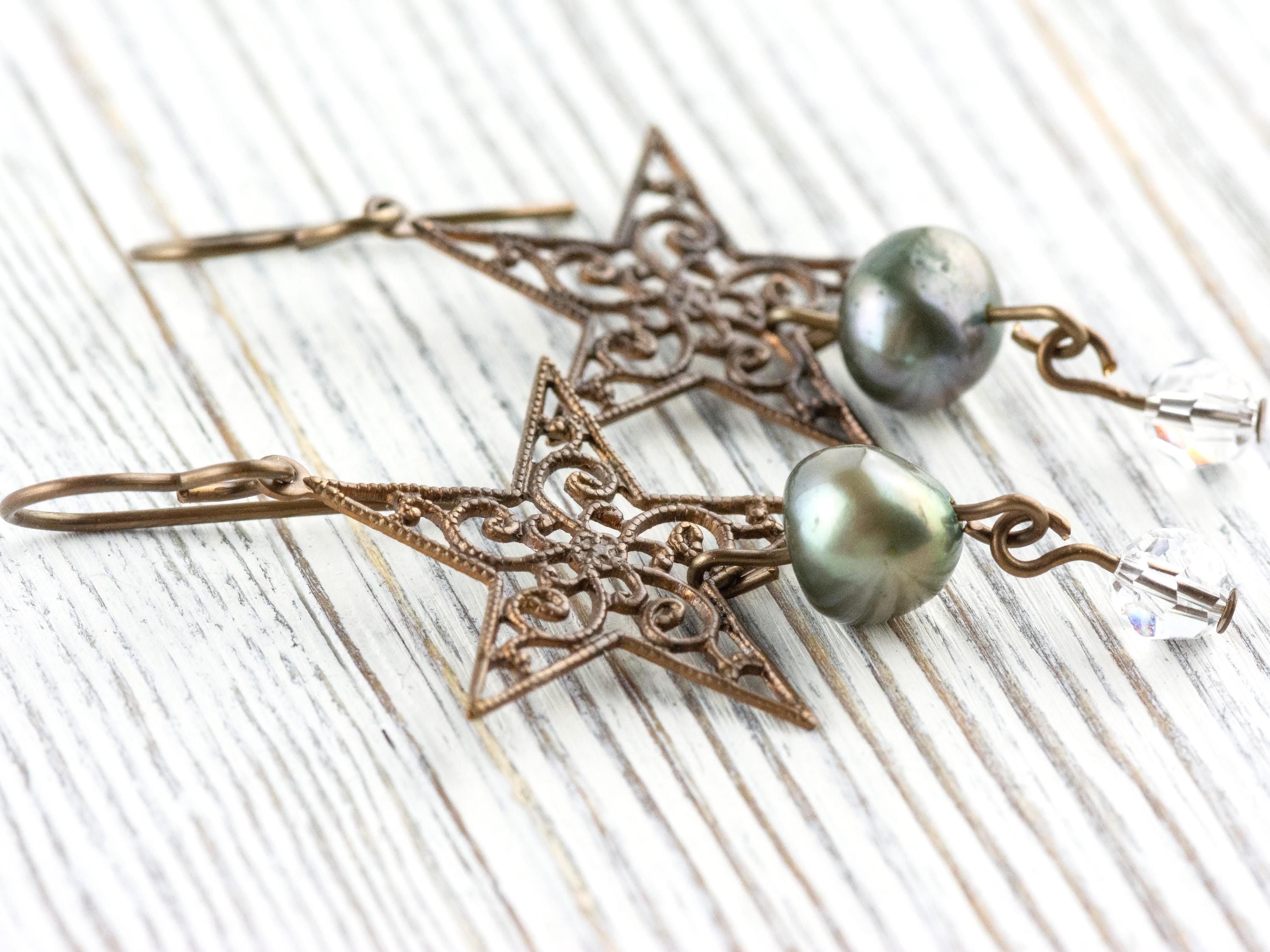 Wish Upon a Star Pearl & Brass Earrings • Earthy Boho Jewelry • Nature-Inspired Handmade Earrings • Jewelry Gift • Nickel-free • Lead-free