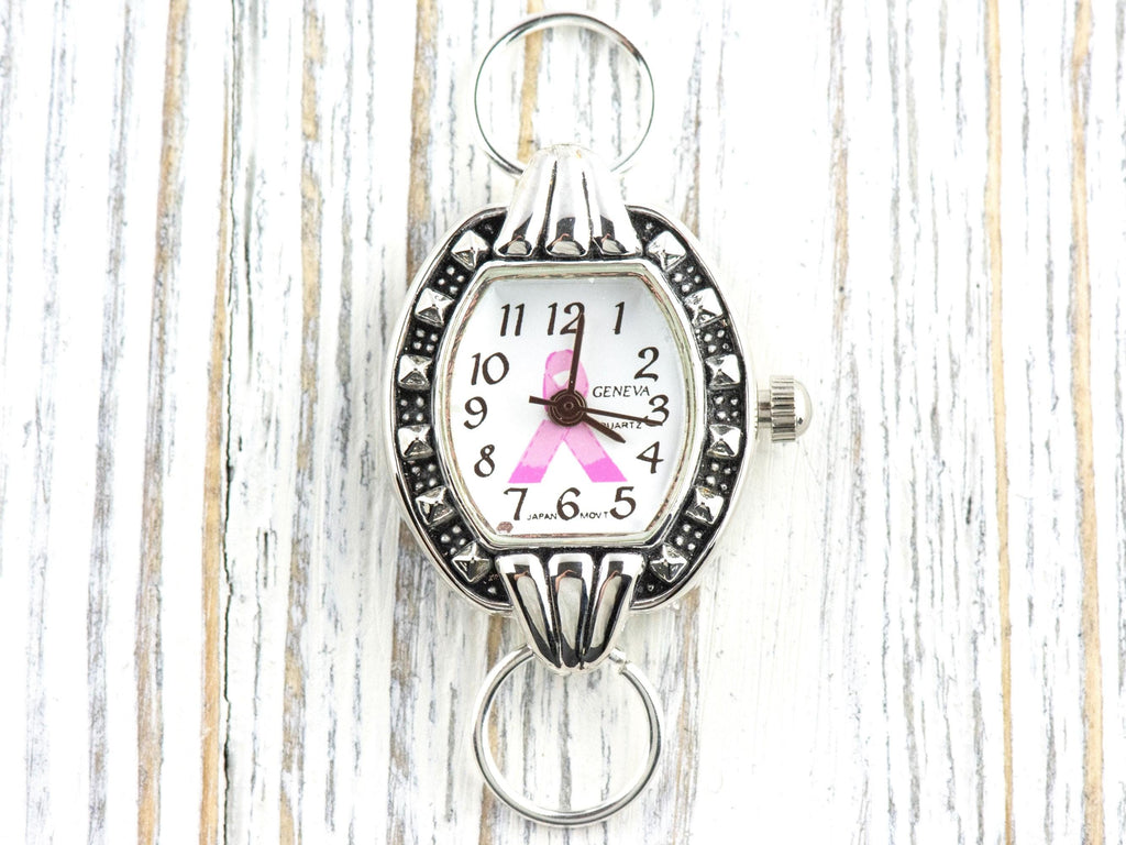 Pink Ribbon Silvertone Square Watch Face • White Dial • DIY Beading Watch • Jewelry Making • Analog • Loops and Battery Included