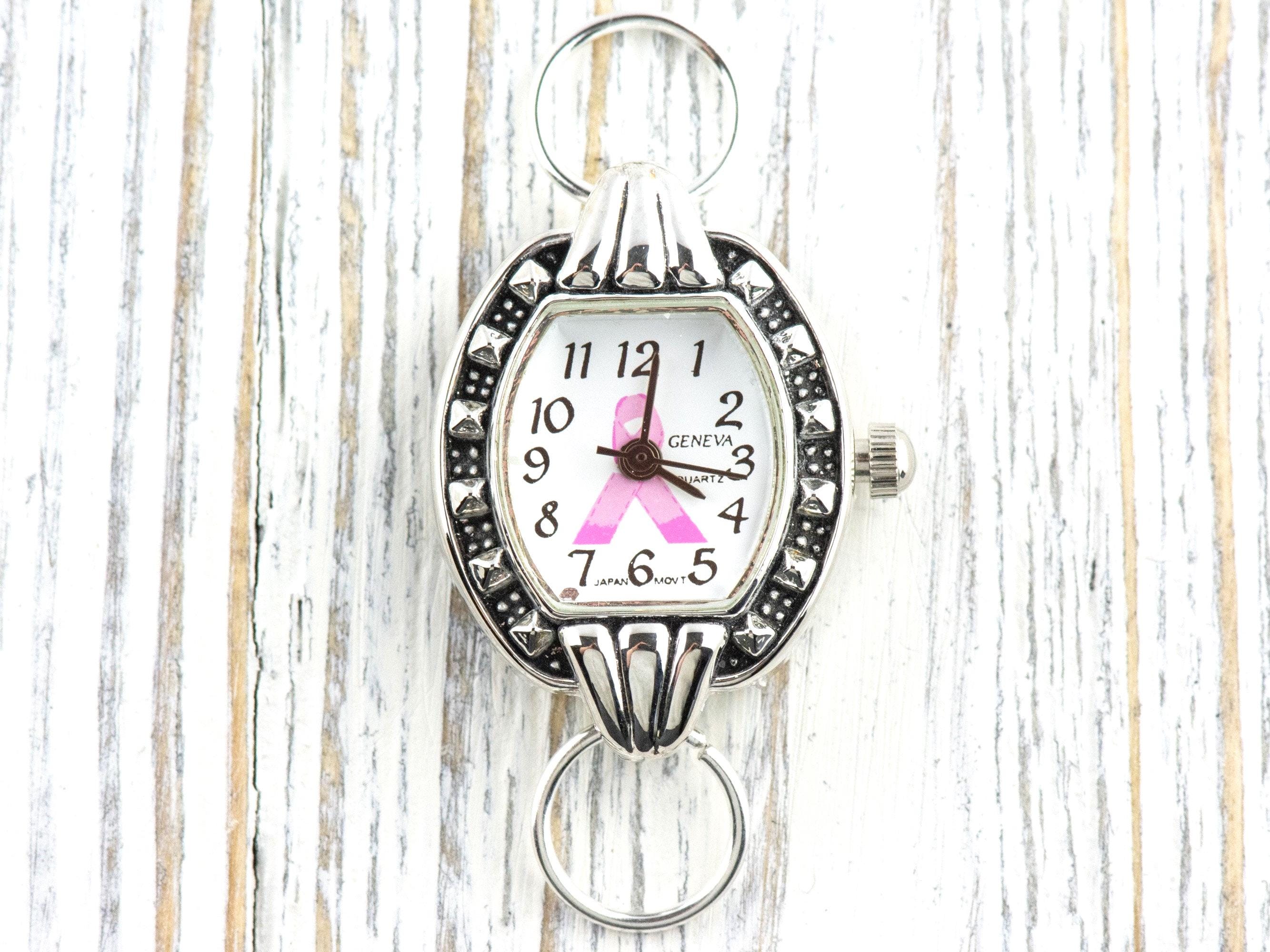 Pink Ribbon Silvertone Square Watch Face • White Dial • DIY Beading Watch • Jewelry Making • Analog • Loops and Battery Included