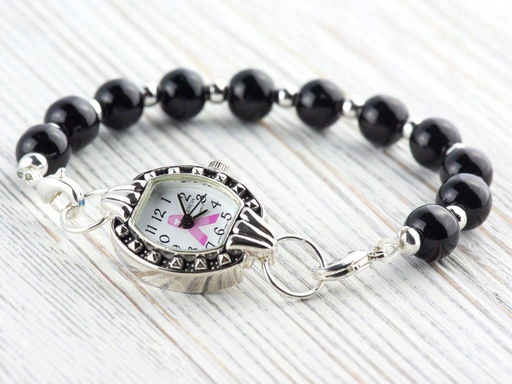 Pink Ribbon Silvertone Square Watch Face • White Dial • DIY Beading Watch • Jewelry Making • Analog • Loops and Battery Included