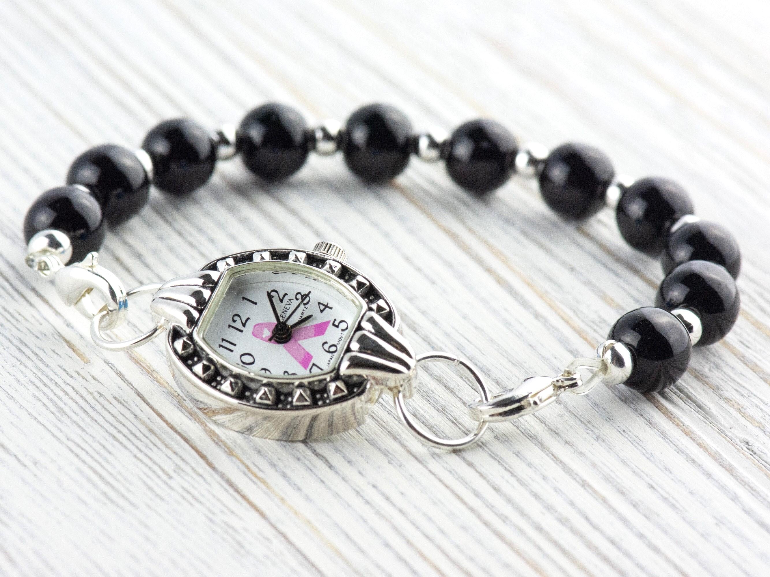 Pink Ribbon Silvertone Square Watch Face • White Dial • DIY Beading Watch • Jewelry Making • Analog • Loops and Battery Included