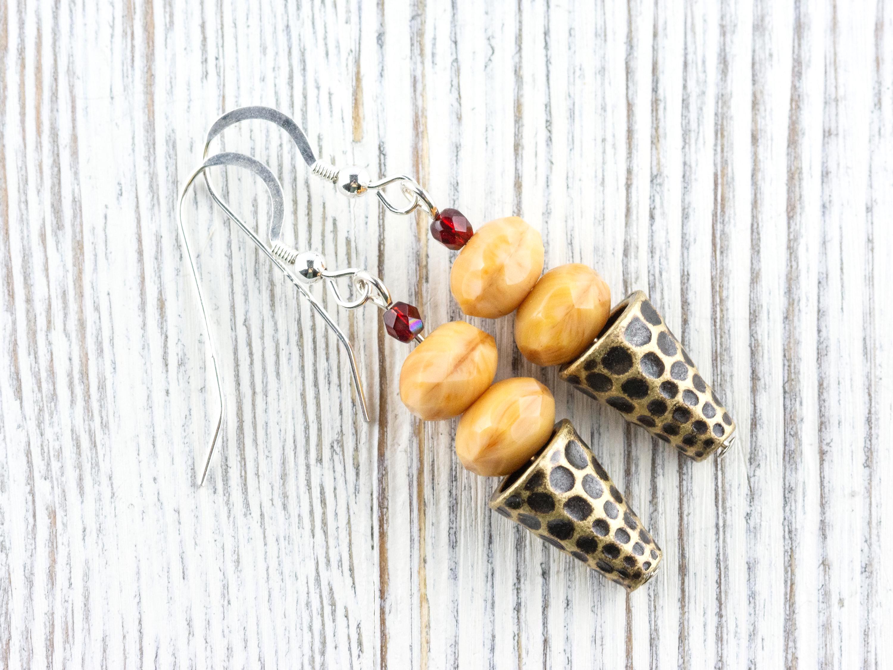 Ice Cream Cone Dangly Earrings • Bronze Summer Jewelry • Handmade Beaded Earrings • .925 Sterling Silver Hypoallergenic Earwires