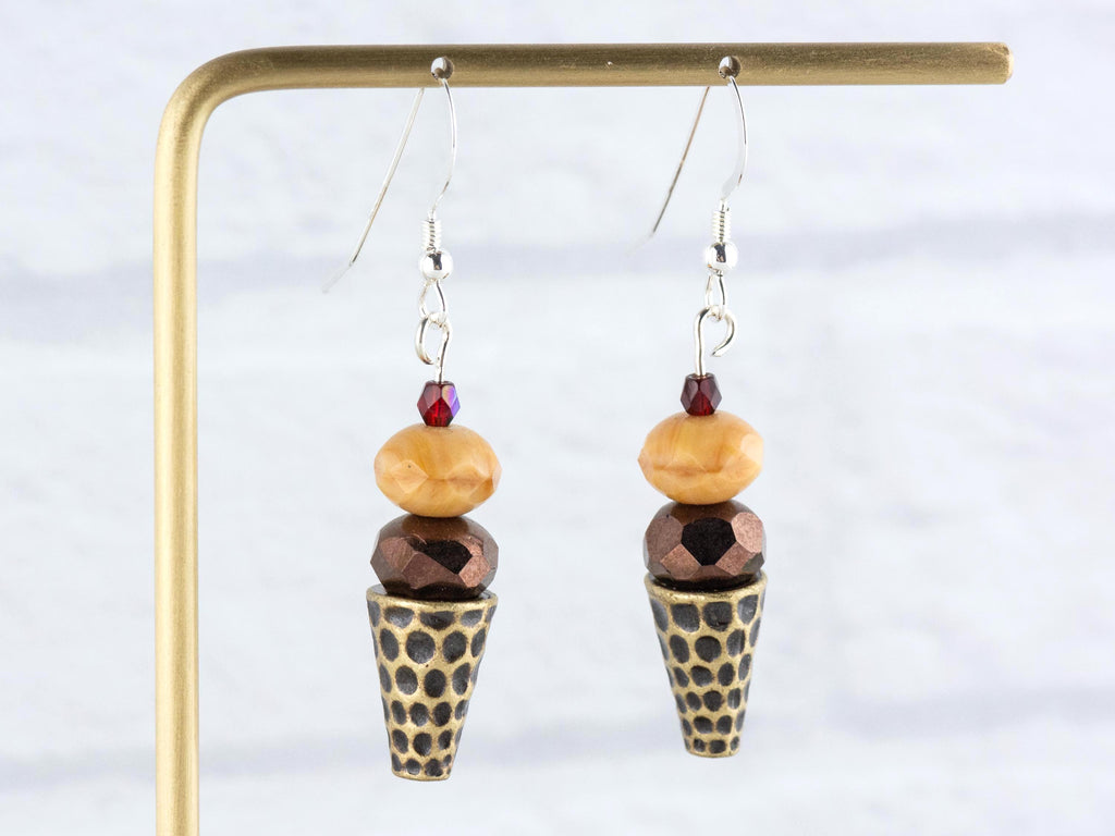 Ice Cream Cone Dangly Earrings • Bronze Summer Jewelry • Handmade Beaded Earrings • .925 Sterling Silver Hypoallergenic Earwires