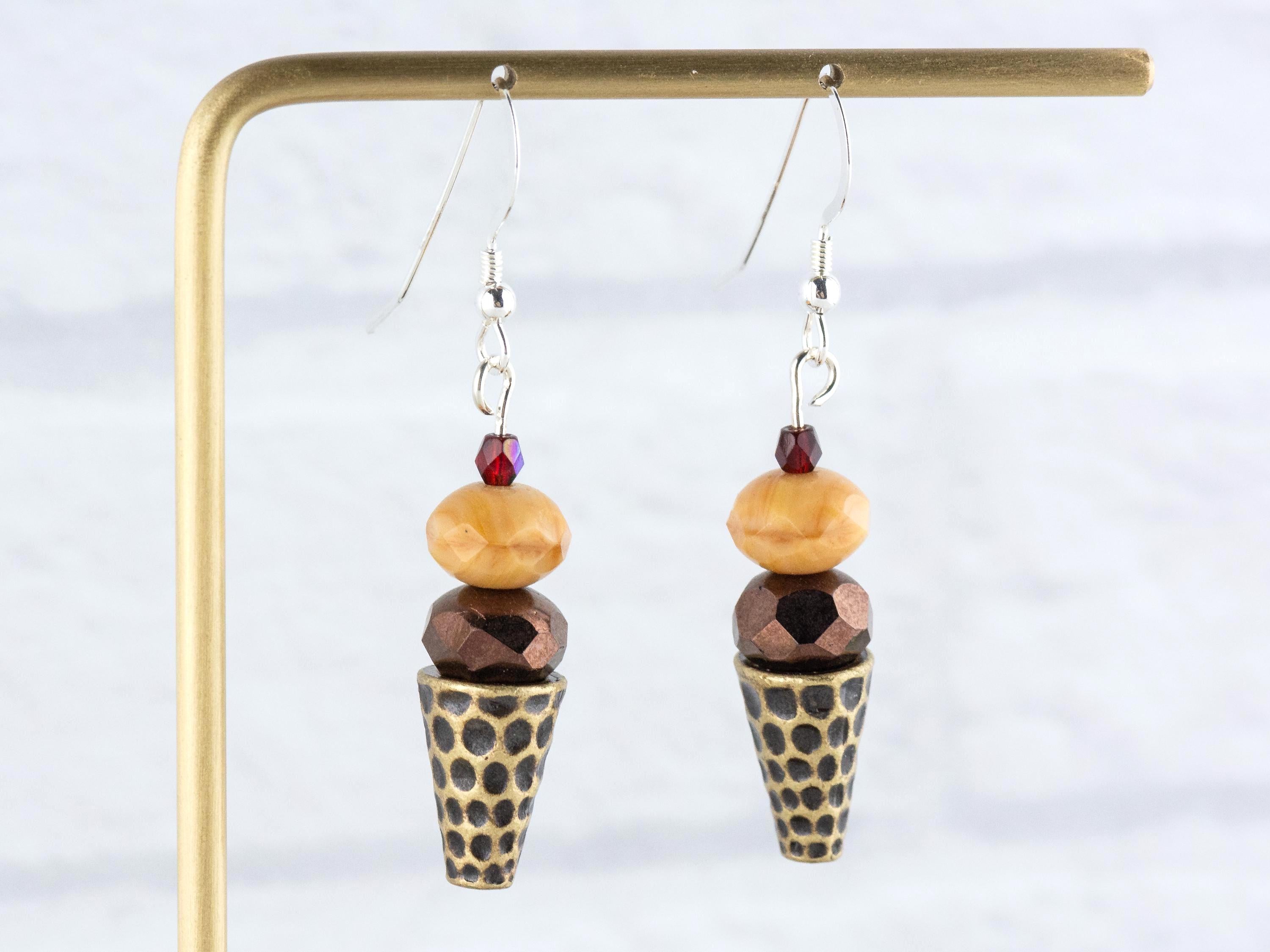 Ice Cream Cone Dangly Earrings • Bronze Summer Jewelry • Handmade Beaded Earrings • .925 Sterling Silver Hypoallergenic Earwires