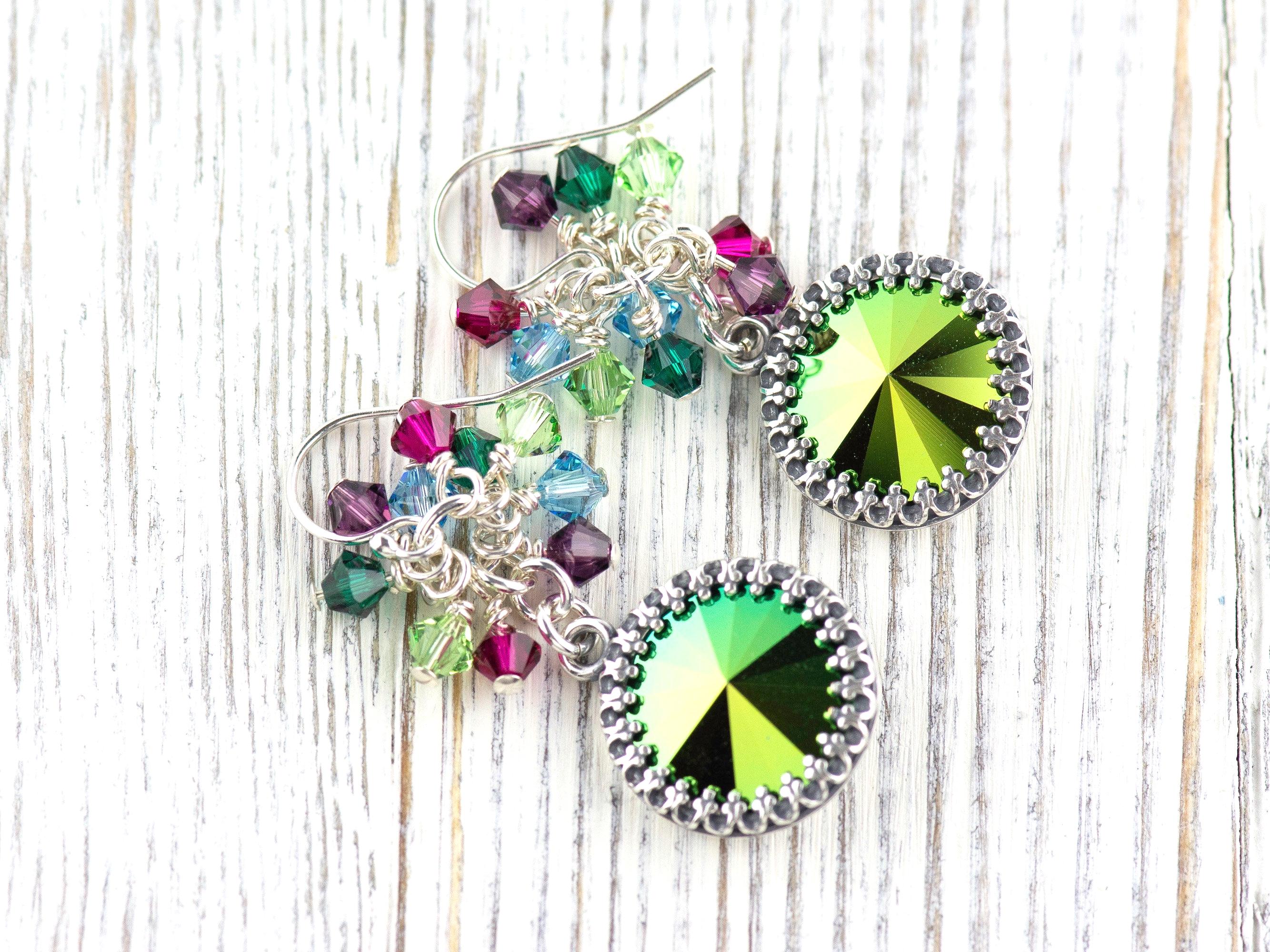Merry and Bright Christmas Earrings, Handmade Sterling Silver Earrings, Swarovski Crystal, Colorful