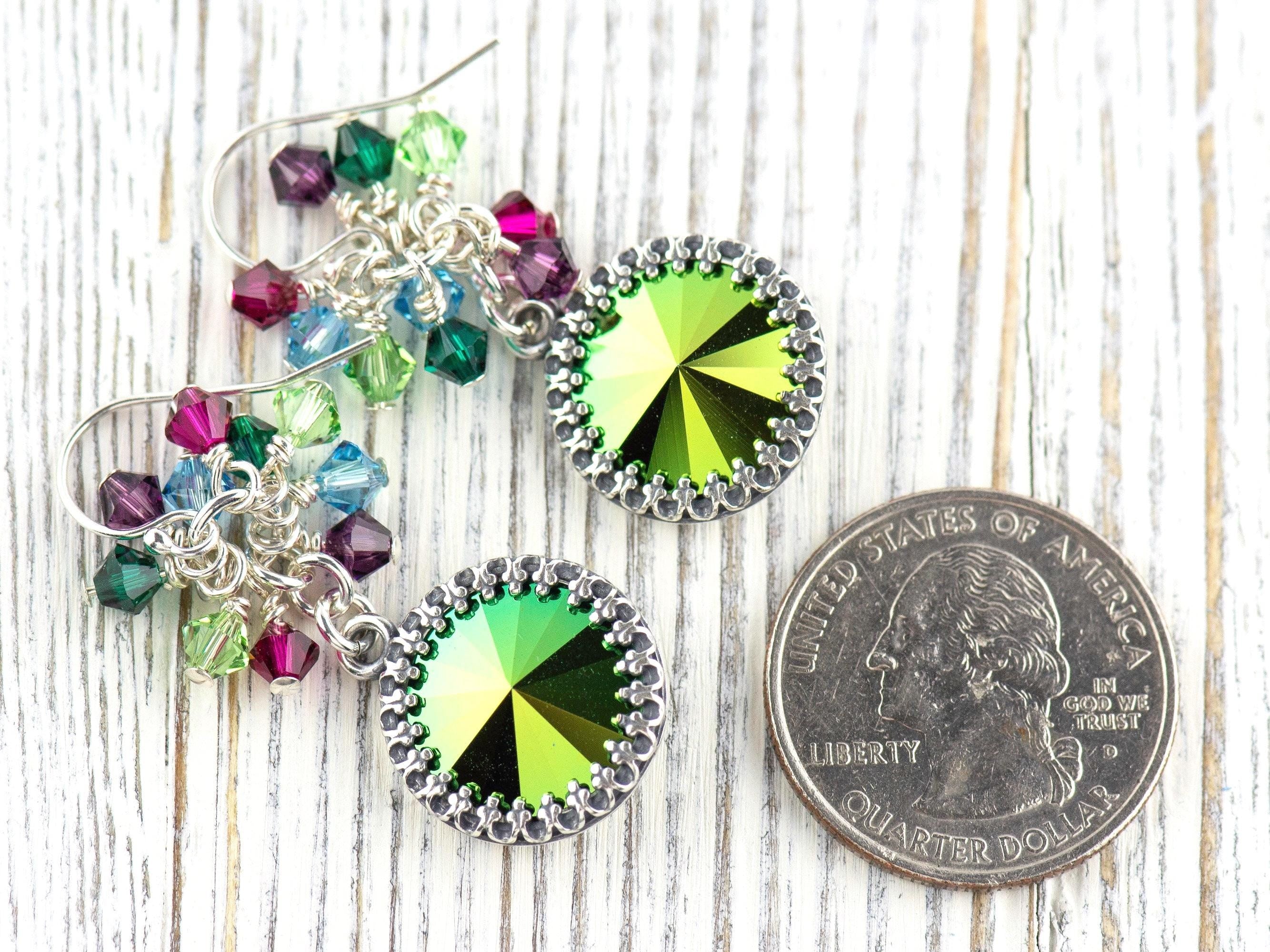 Merry and Bright Christmas Earrings, Handmade Sterling Silver Earrings, Swarovski Crystal, Colorful