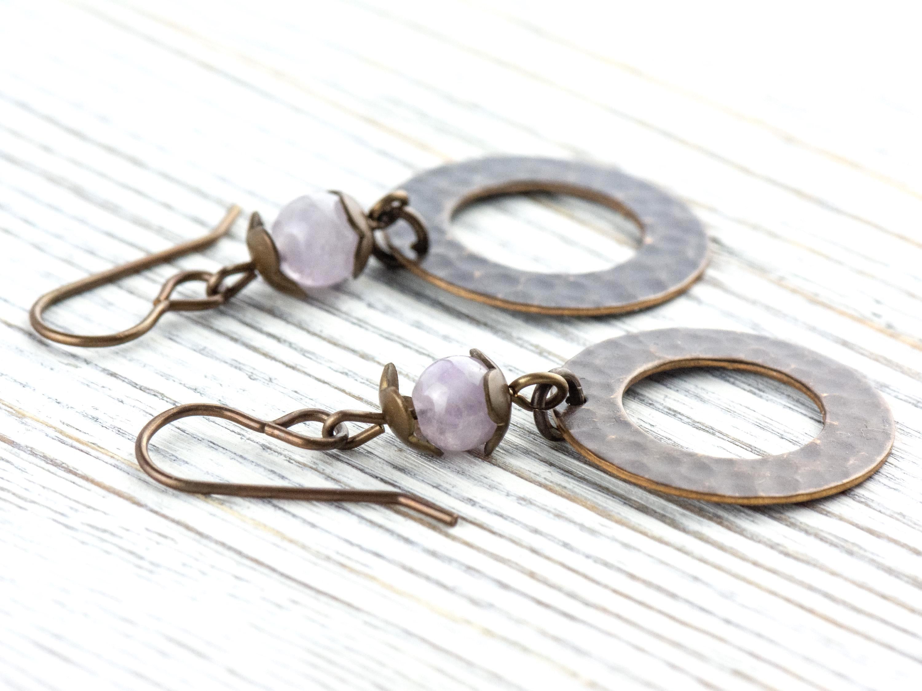 Cape Amethyst Brass Hoop Earrings • Earthy Purple Boho Jewelry • Nature-Inspired Handmade Earrings • Jewelry Gift • Nickel-free • Lead-free