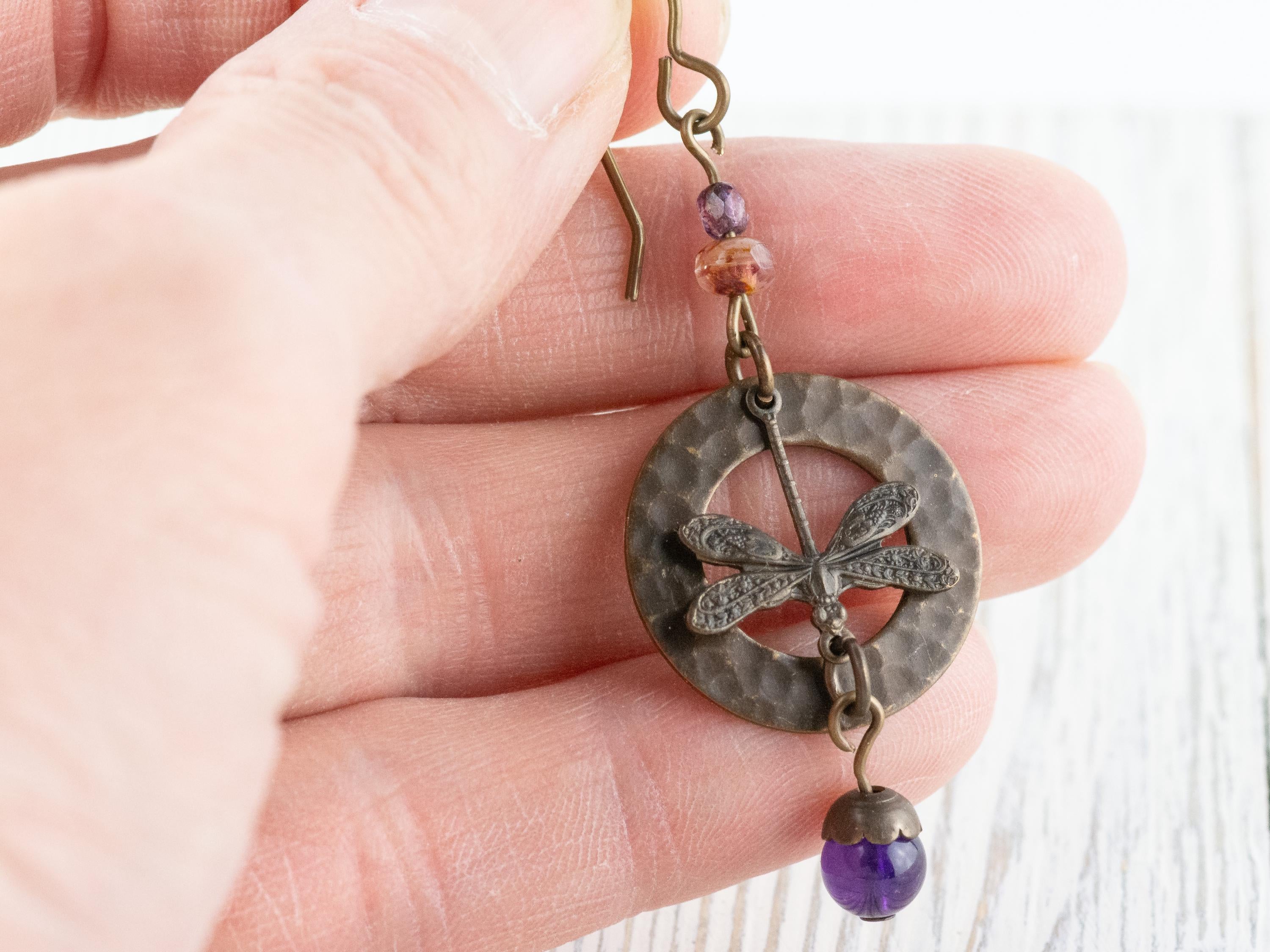 Dragonfly Amethyst Brass Earrings • Earthy Purple Boho Jewelry • Nature-Inspired Handmade Earrings • Jewelry Gift • Nickel-free • Lead-free