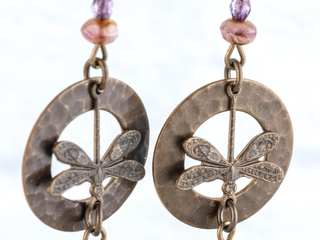 Dragonfly Amethyst Brass Earrings • Earthy Purple Boho Jewelry • Nature-Inspired Handmade Earrings • Jewelry Gift • Nickel-free • Lead-free