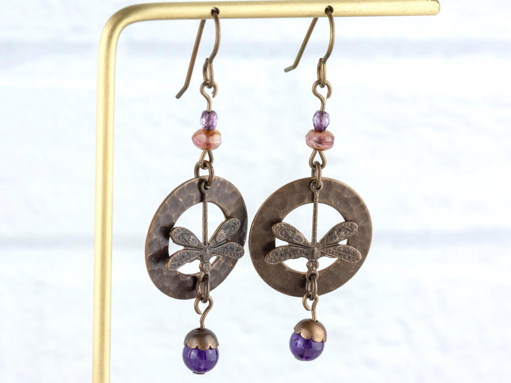 Dragonfly Amethyst Brass Earrings • Earthy Purple Boho Jewelry • Nature-Inspired Handmade Earrings • Jewelry Gift • Nickel-free • Lead-free