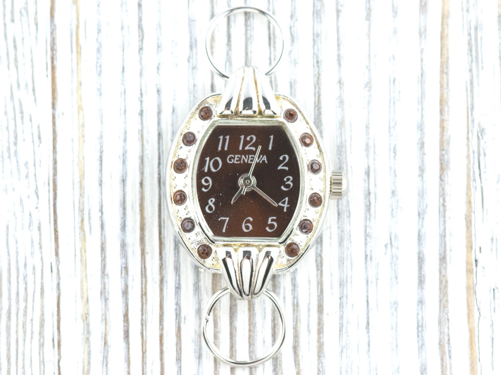 Brown Dial Rhinestone-Studded Silvertone Square Watch Face • DIY Beading Watch • Jewelry Making • Analog • Loops and Battery Included