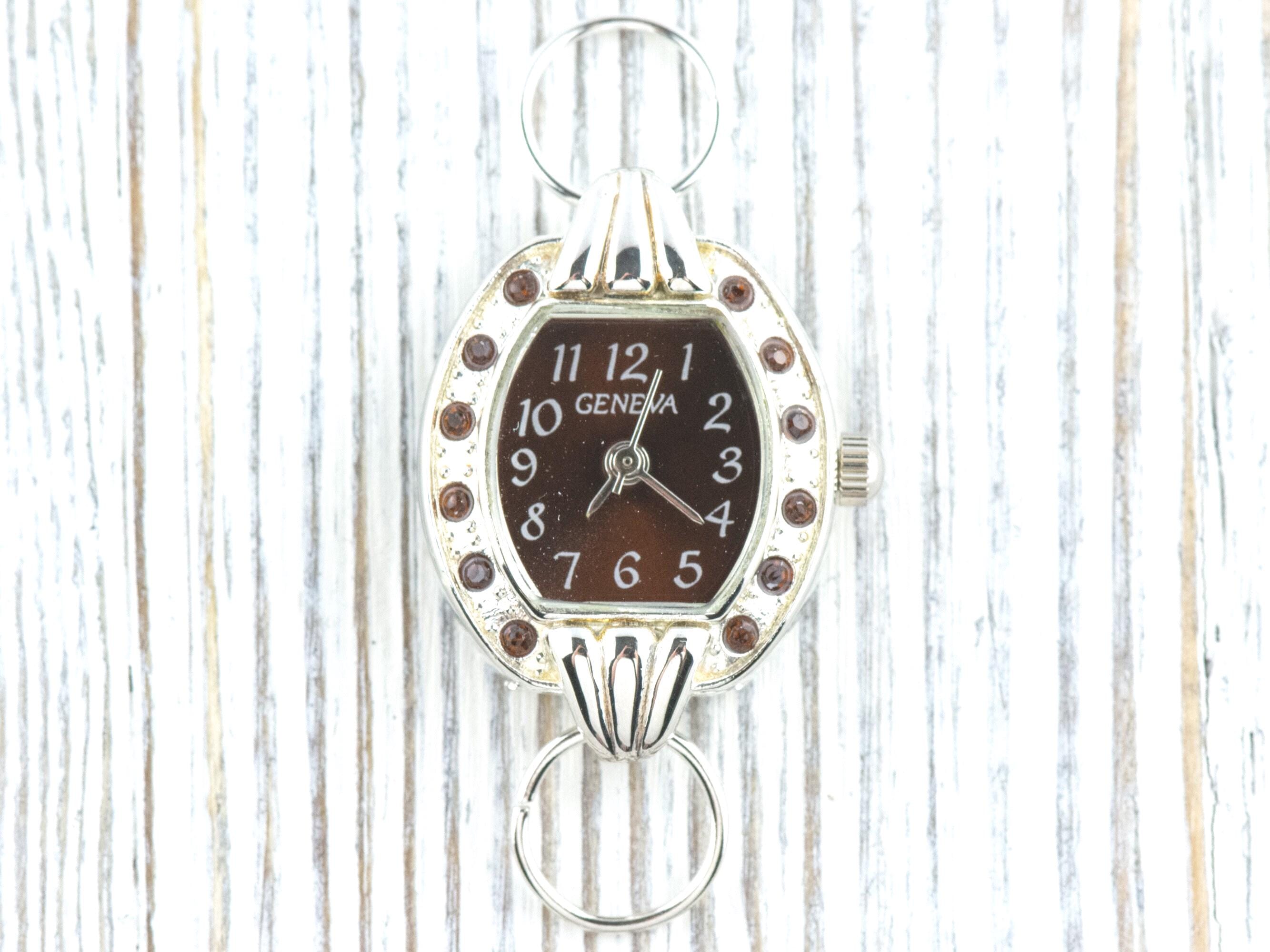 Brown Dial Rhinestone-Studded Silvertone Square Watch Face • DIY Beading Watch • Jewelry Making • Analog • Loops and Battery Included