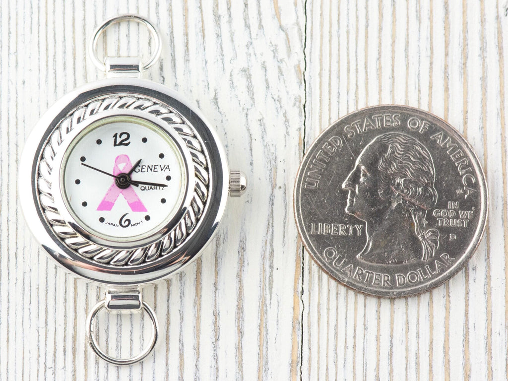 Pink Ribbon Silvertone Round Rope Frame Watch Face • White Dial • DIY Beading Watch • Jewelry Making • Analog • Loops and Battery Included
