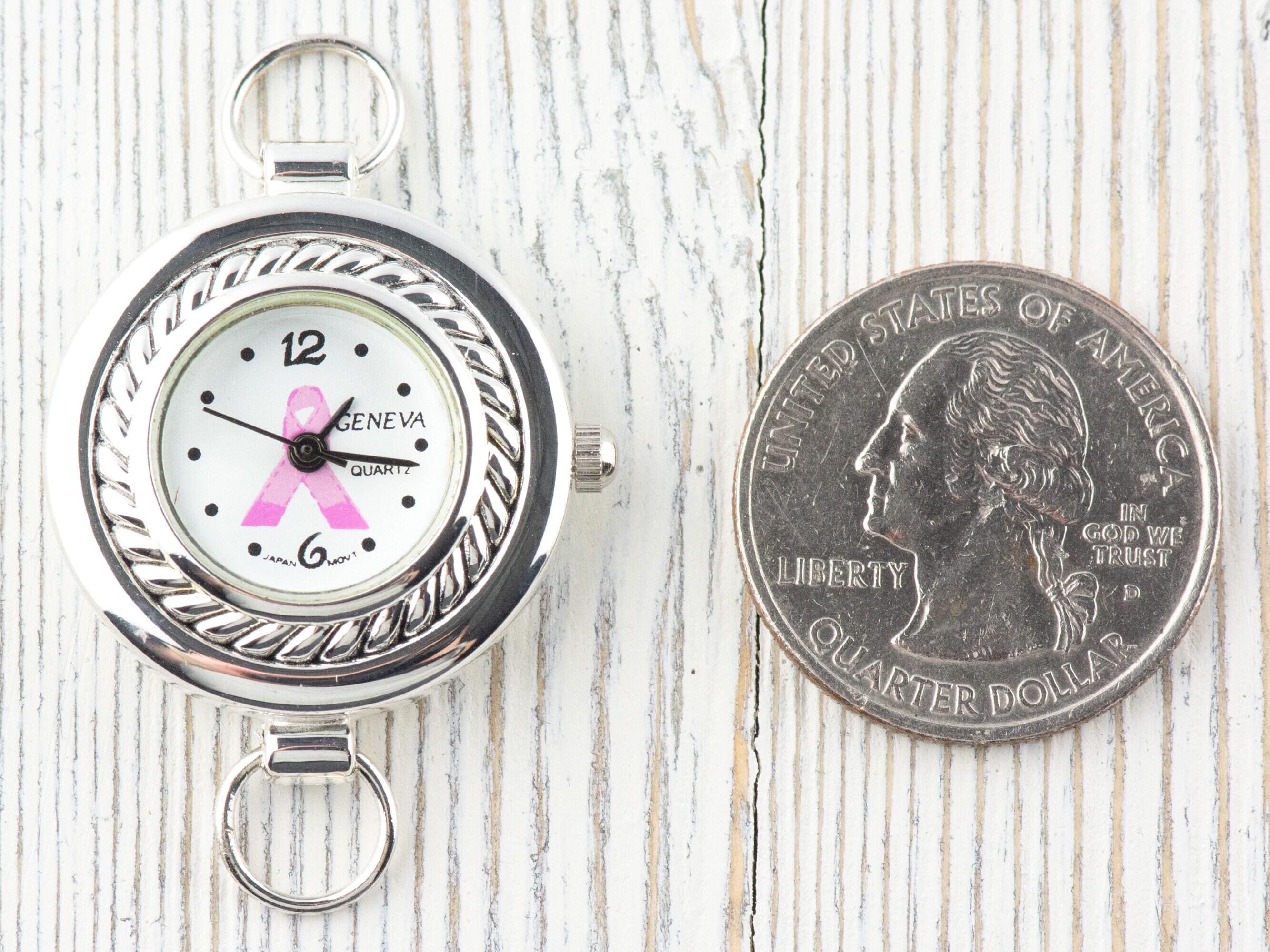 Pink Ribbon Silvertone Round Rope Frame Watch Face • White Dial • DIY Beading Watch • Jewelry Making • Analog • Loops and Battery Included