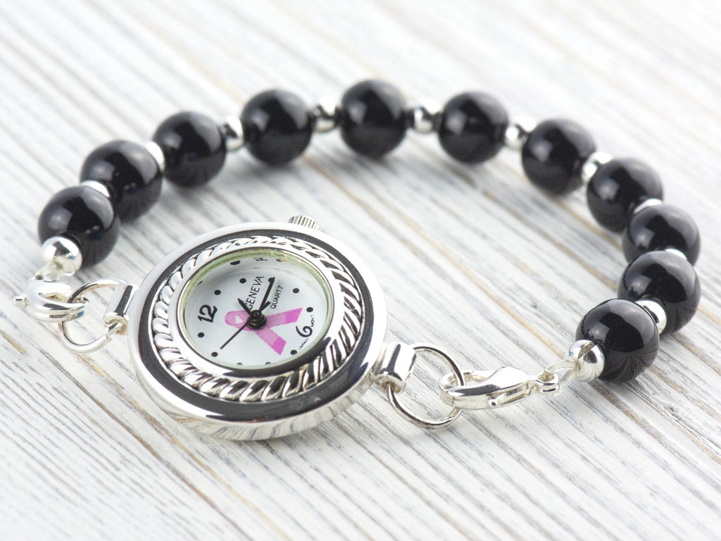 Pink Ribbon Silvertone Round Rope Frame Watch Face • White Dial • DIY Beading Watch • Jewelry Making • Analog • Loops and Battery Included