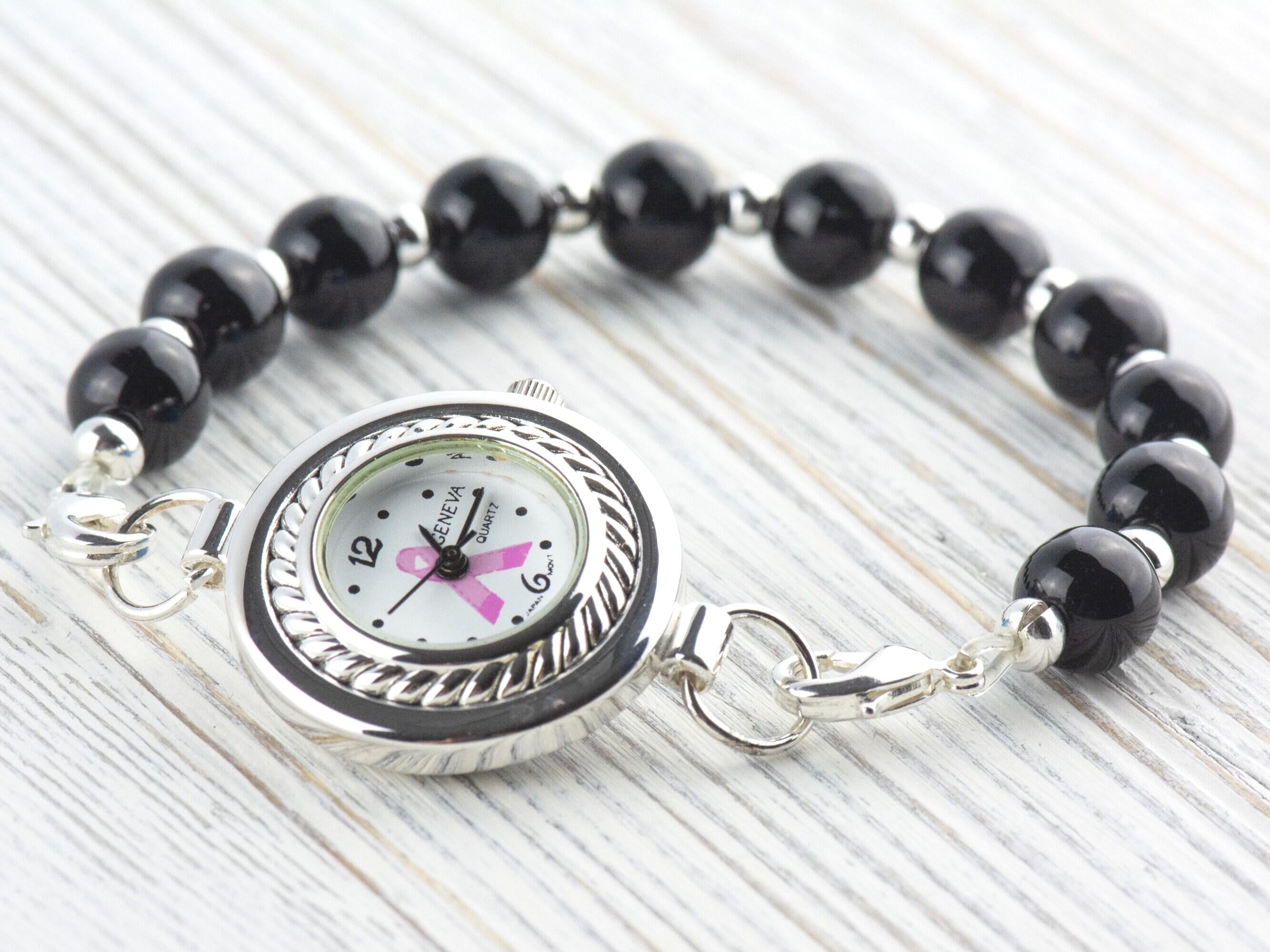 Pink Ribbon Silvertone Round Rope Frame Watch Face • White Dial • DIY Beading Watch • Jewelry Making • Analog • Loops and Battery Included