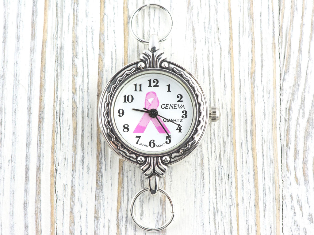 Pink Ribbon Silvertone Fancy Round Watch Face • White Dial • DIY Beading Watch • Jewelry Making • Analog • Loops and Battery Included