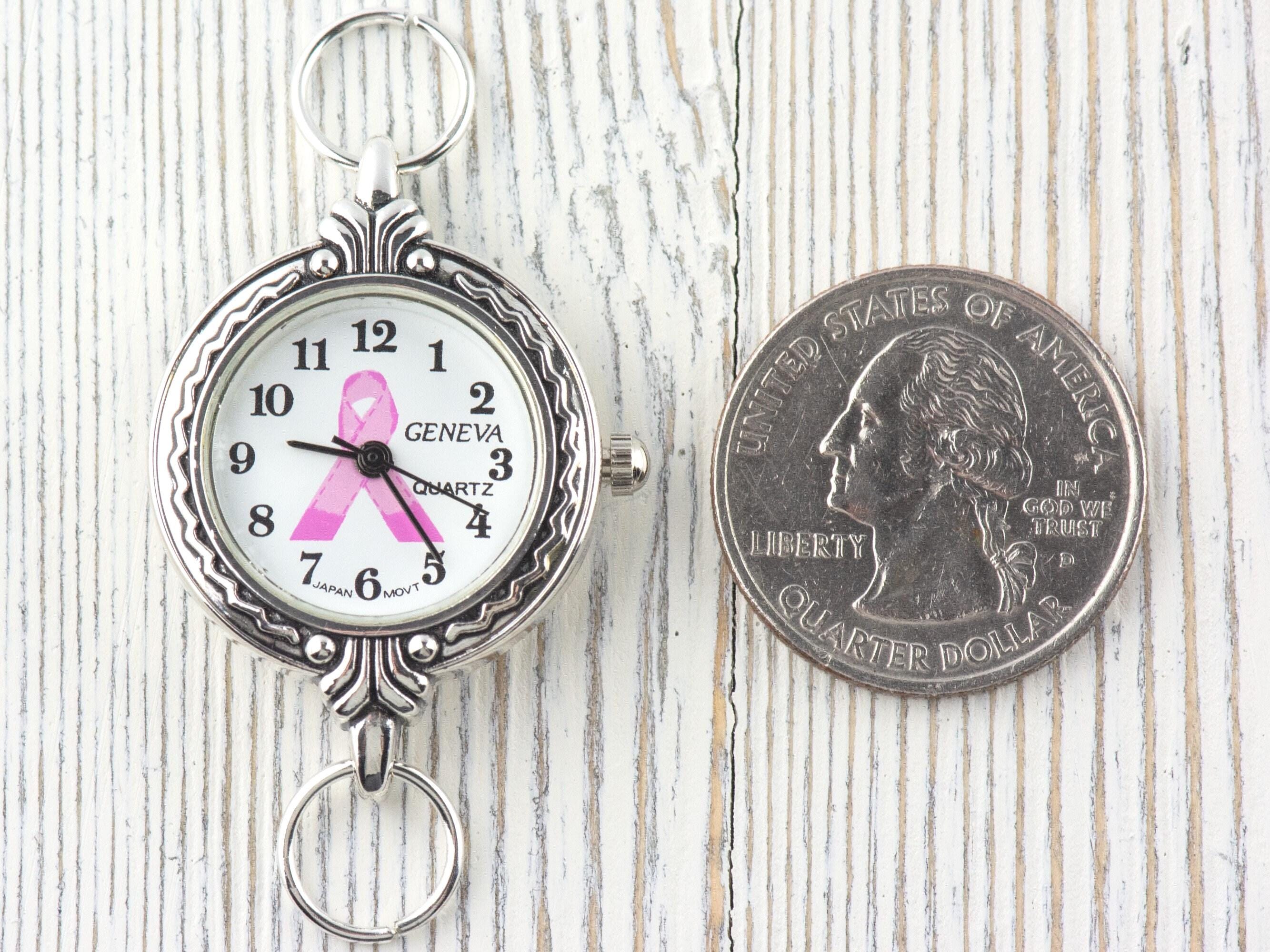Pink Ribbon Silvertone Fancy Round Watch Face • White Dial • DIY Beading Watch • Jewelry Making • Analog • Loops and Battery Included
